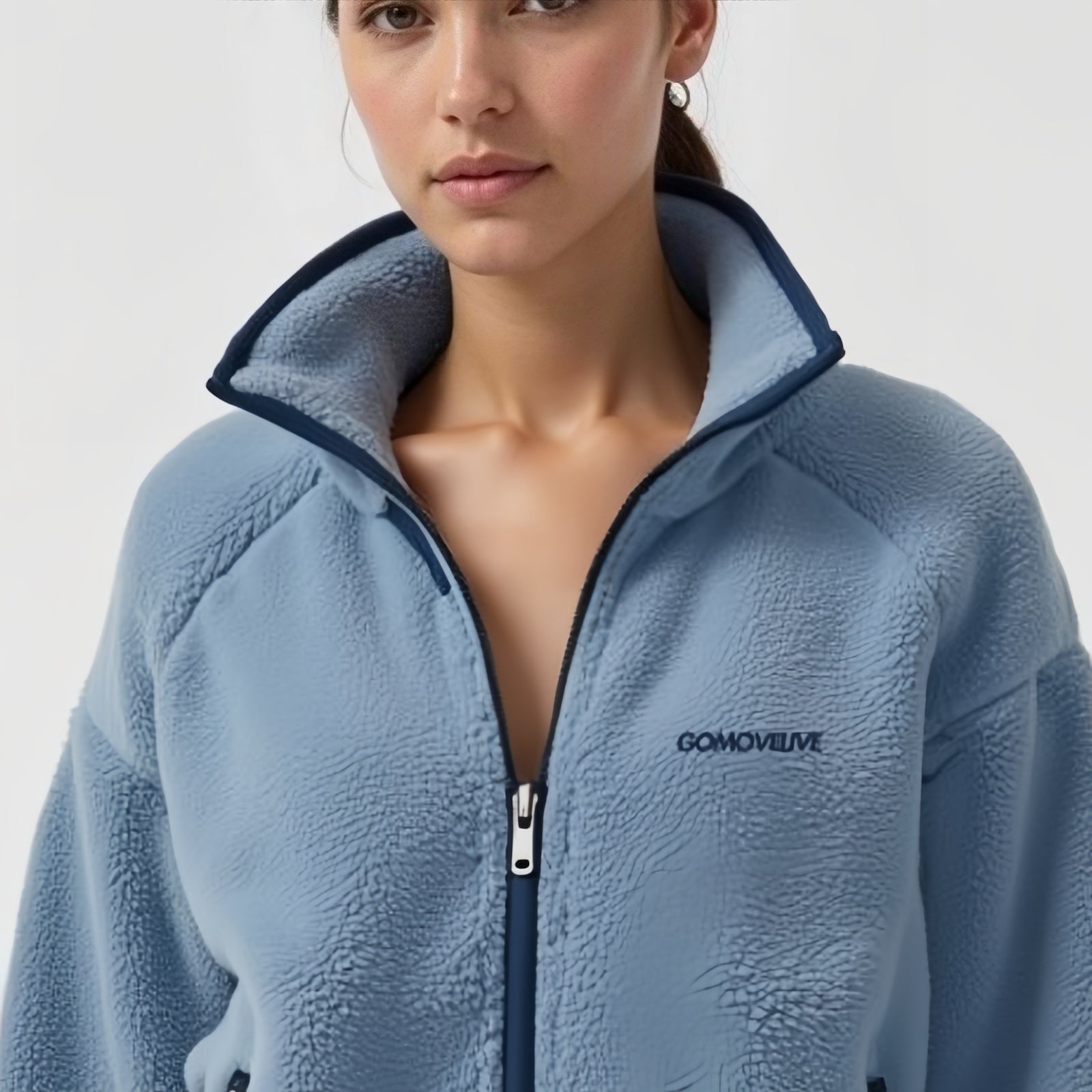 Fjord Sky – Full-Zip Jacket in Light Blue with Midnight Blue Trim and High Collar