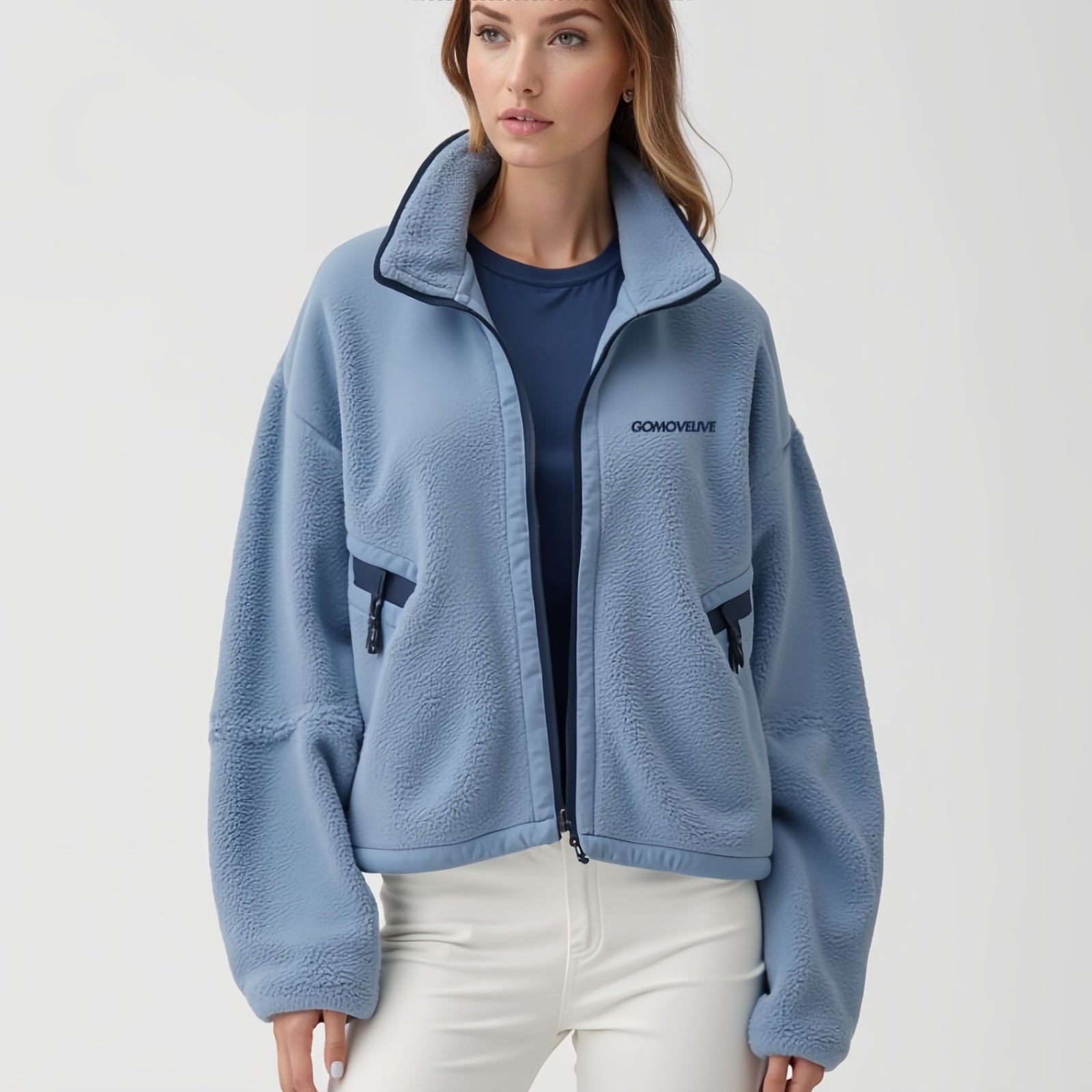 Fjord Sky – Full-Zip Jacket in Light Blue with Midnight Blue Trim and High Collar