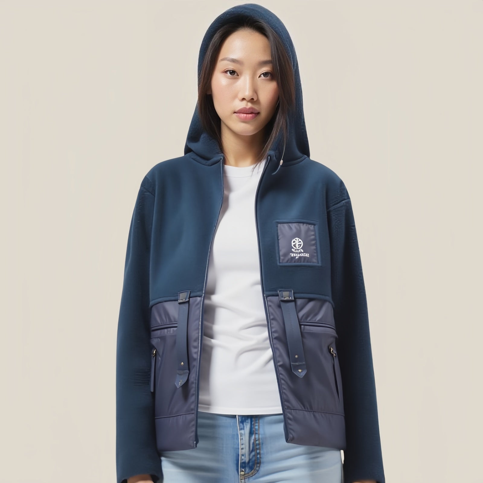 Dusk Signal – Giacca con Cappuccio Blu Navy con Pannello Tecnico e Patch Grafico