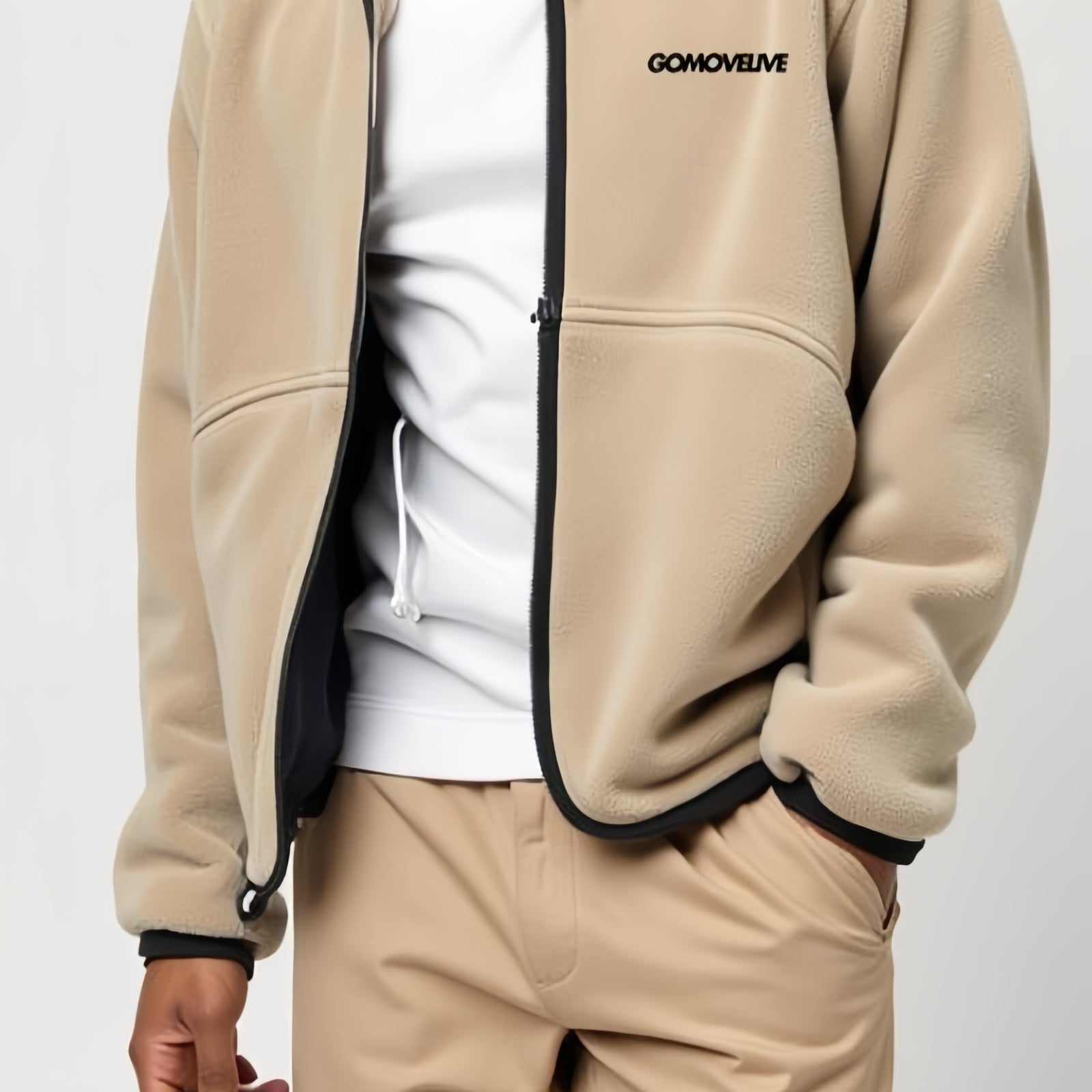 Beige Fleece Jacket with Black Zip and Embroidery on the Chest