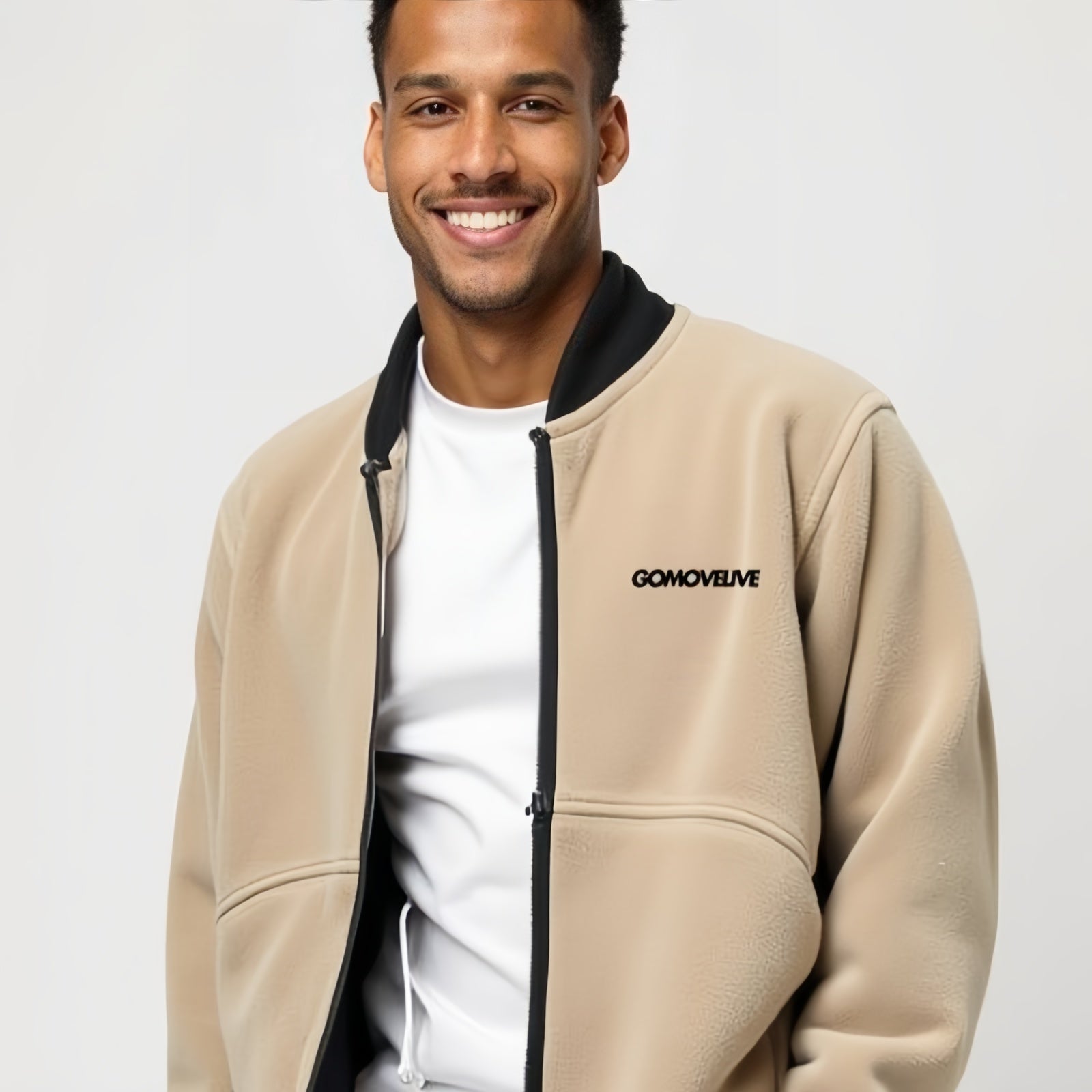 Beige Fleece Jacket with Black Zip and Embroidery on the Chest
