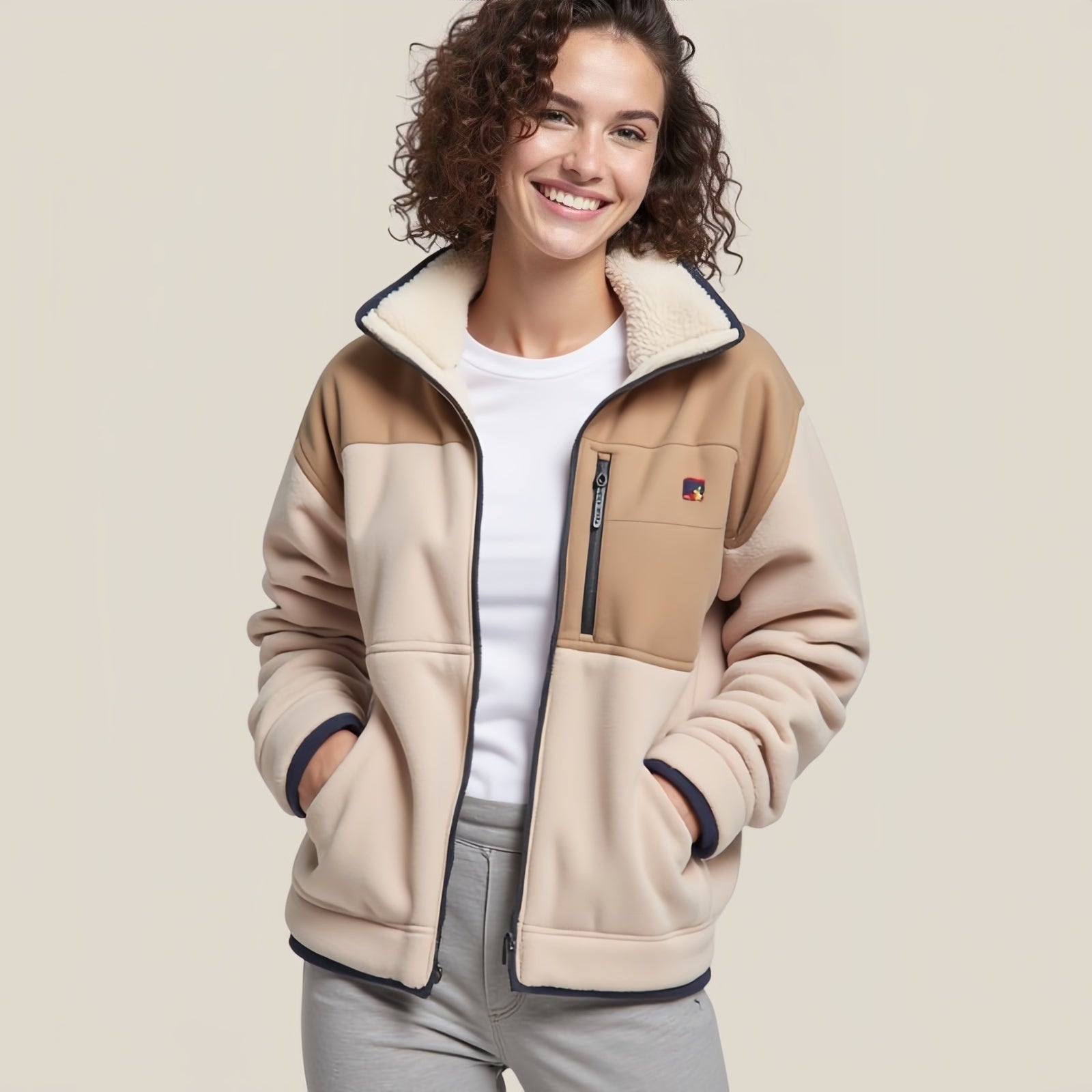 Nordcrest – Giacca in Pile Beige con Collo Sherpa e Tasca Zip sul Petto