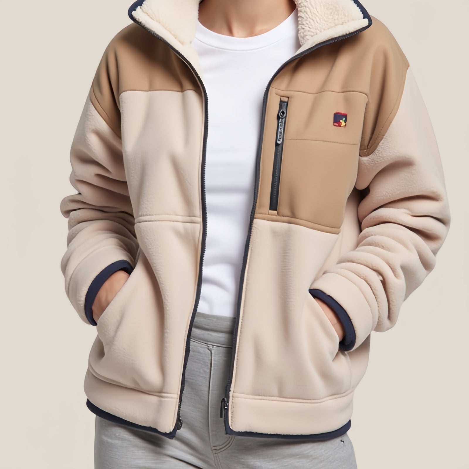 Nordcrest – Giacca in Pile Beige con Collo Sherpa e Tasca Zip sul Petto