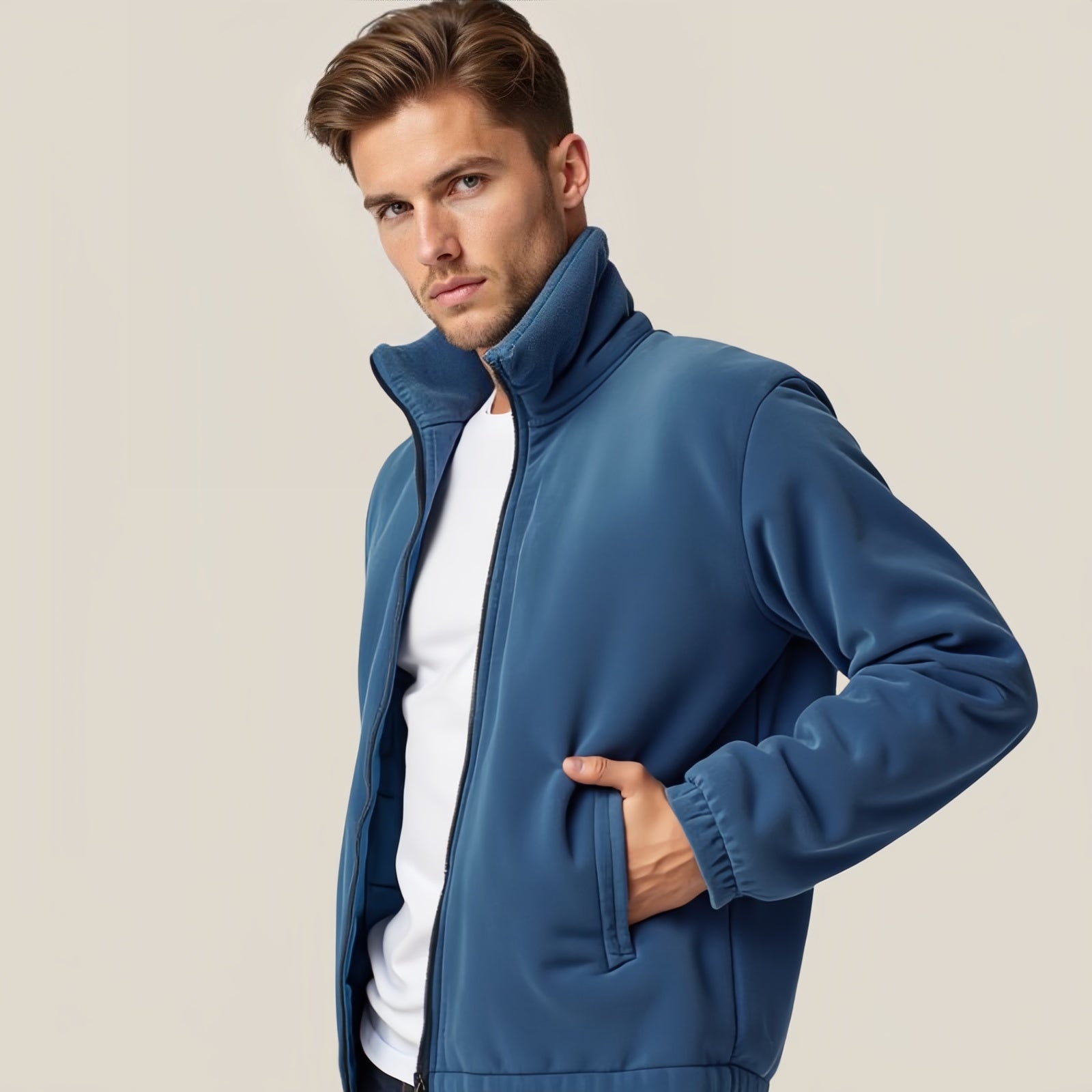 Blue Summit – Blue Zip-Up Jacket with High Neck and Side Pocket