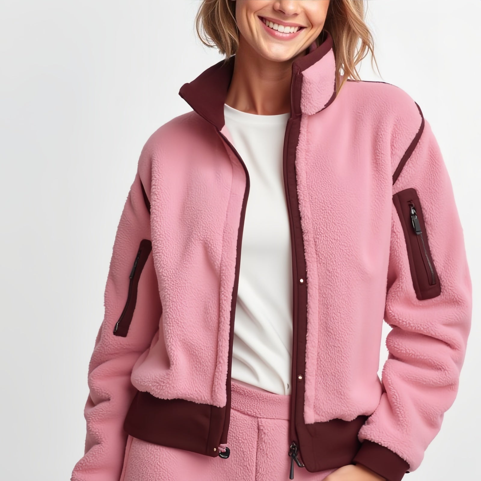 Blush Trail – Pink Fleece Set with Burgundy Details and Contrasting Zip