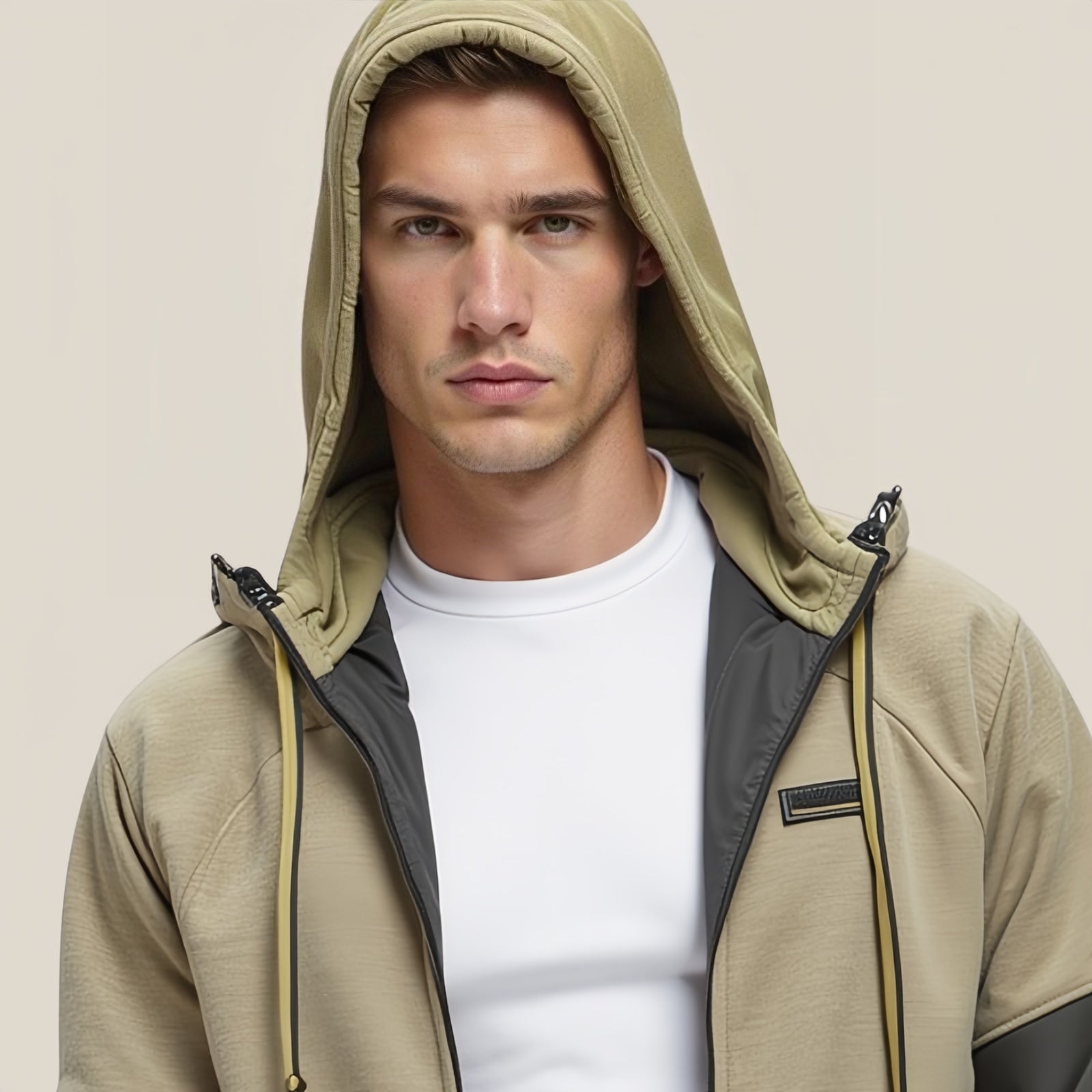Split Terrain – Felpa con Cappuccio Bicolor Beige e Nera con Patch Grafico