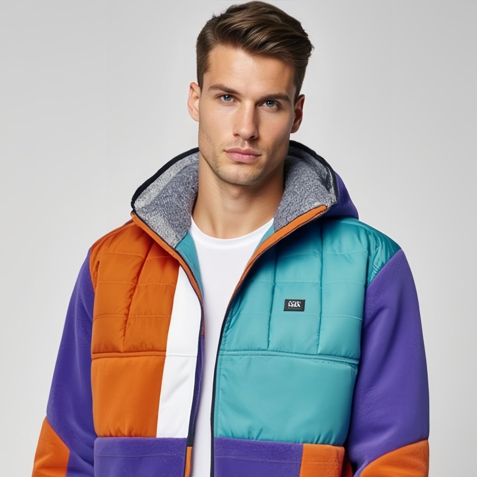 Spectrum Block – Giacca Patchwork Multicolore con Cappuccio e Logo Frontale