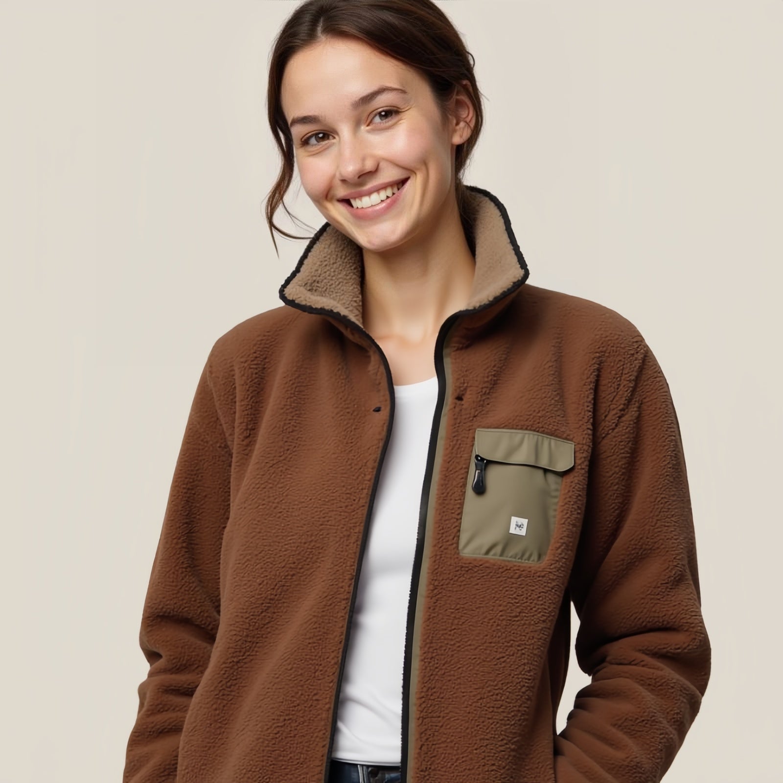 Canyon Crest – Brown Fleece Jacket with Army Green Pocket and High Collar