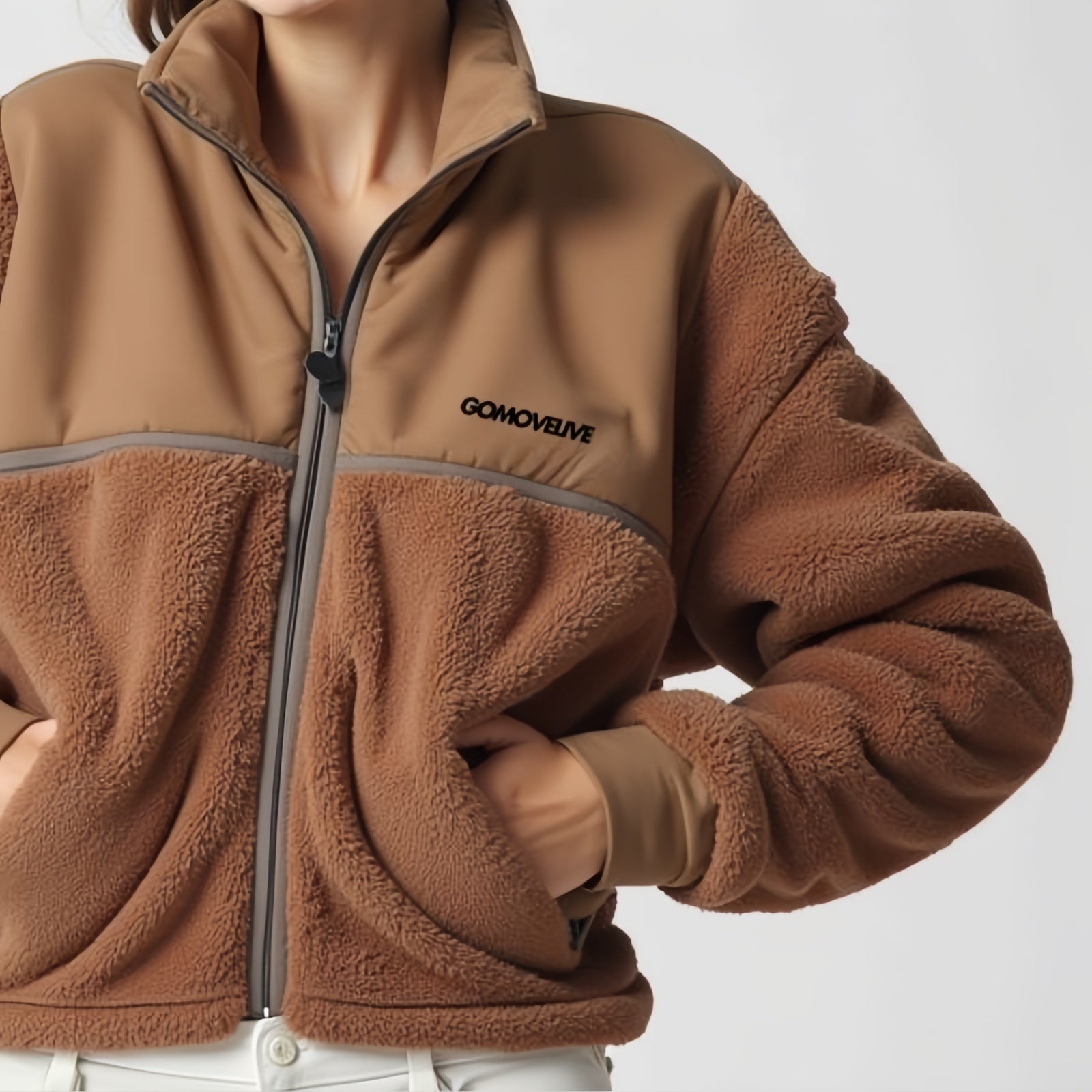 Gomovelive 2024 – Two-Tone Brown and Beige Fleece Jacket with Front Zip
