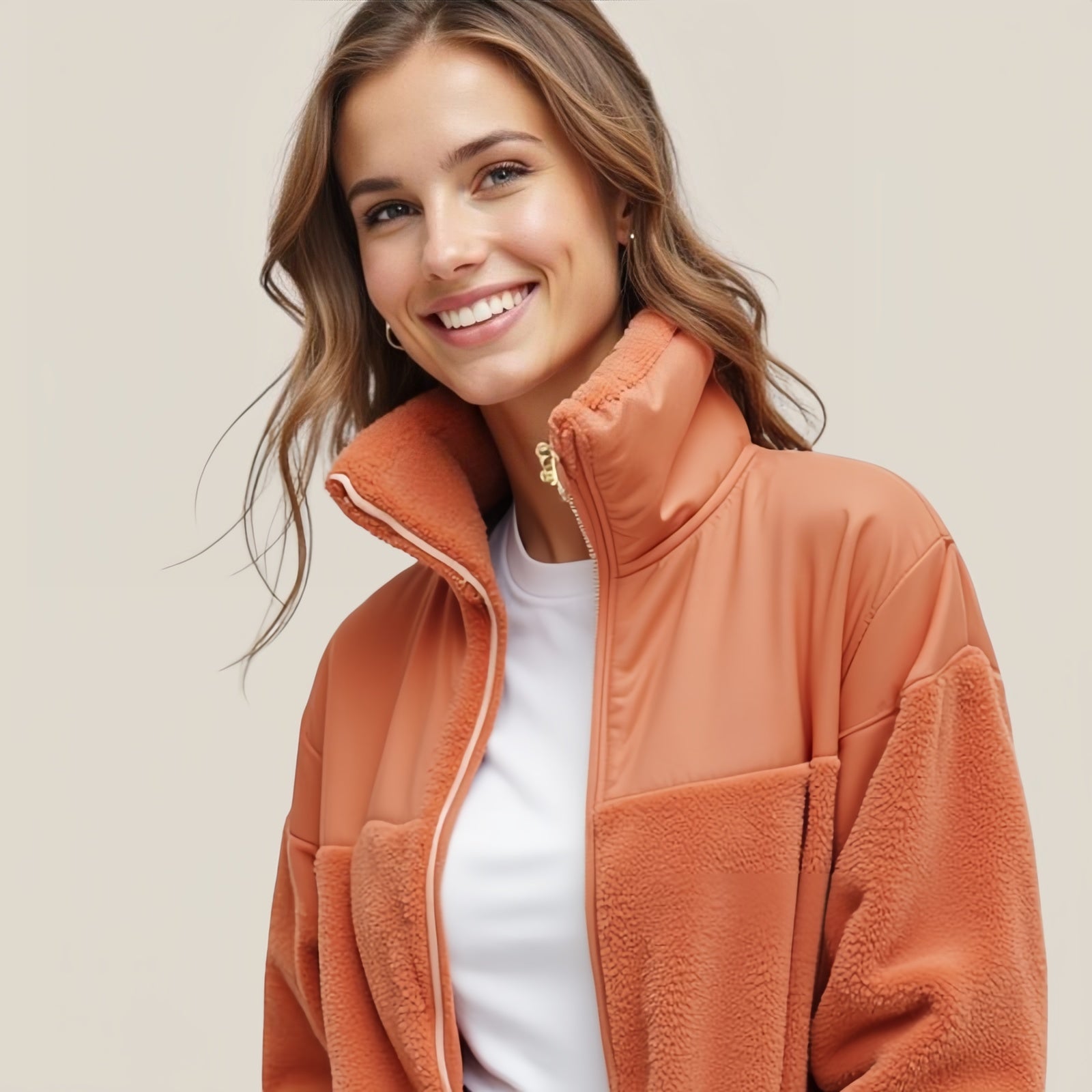 Orange Technical Jacket with Fleece Inserts and Front Zip