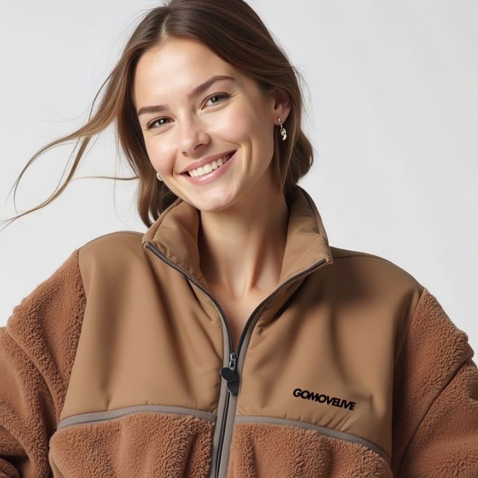 Gomovelive 2024 – Two-Tone Brown and Beige Fleece Jacket with Front Zip