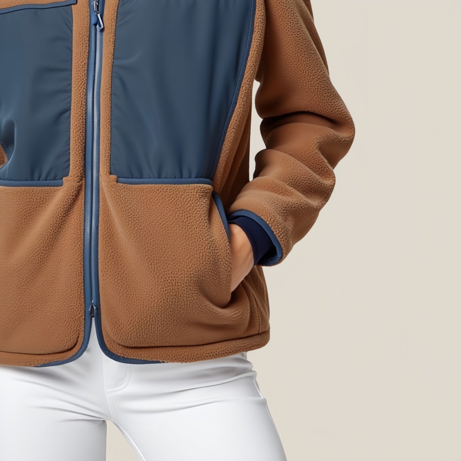 Boulder Ridge – Brown Fleece Jacket with Blue Pockets and High Collar