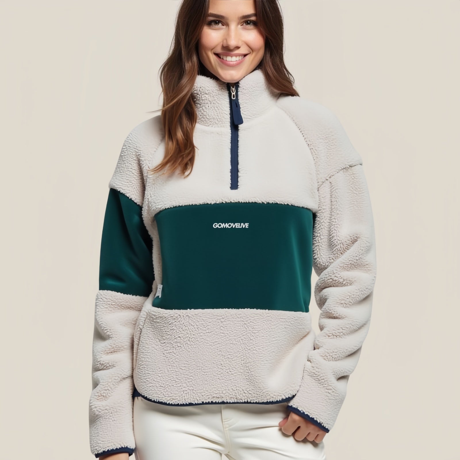 Alpine Crest – Two-Tone Sherpa Half-Zip Pullover with Triangular Logo