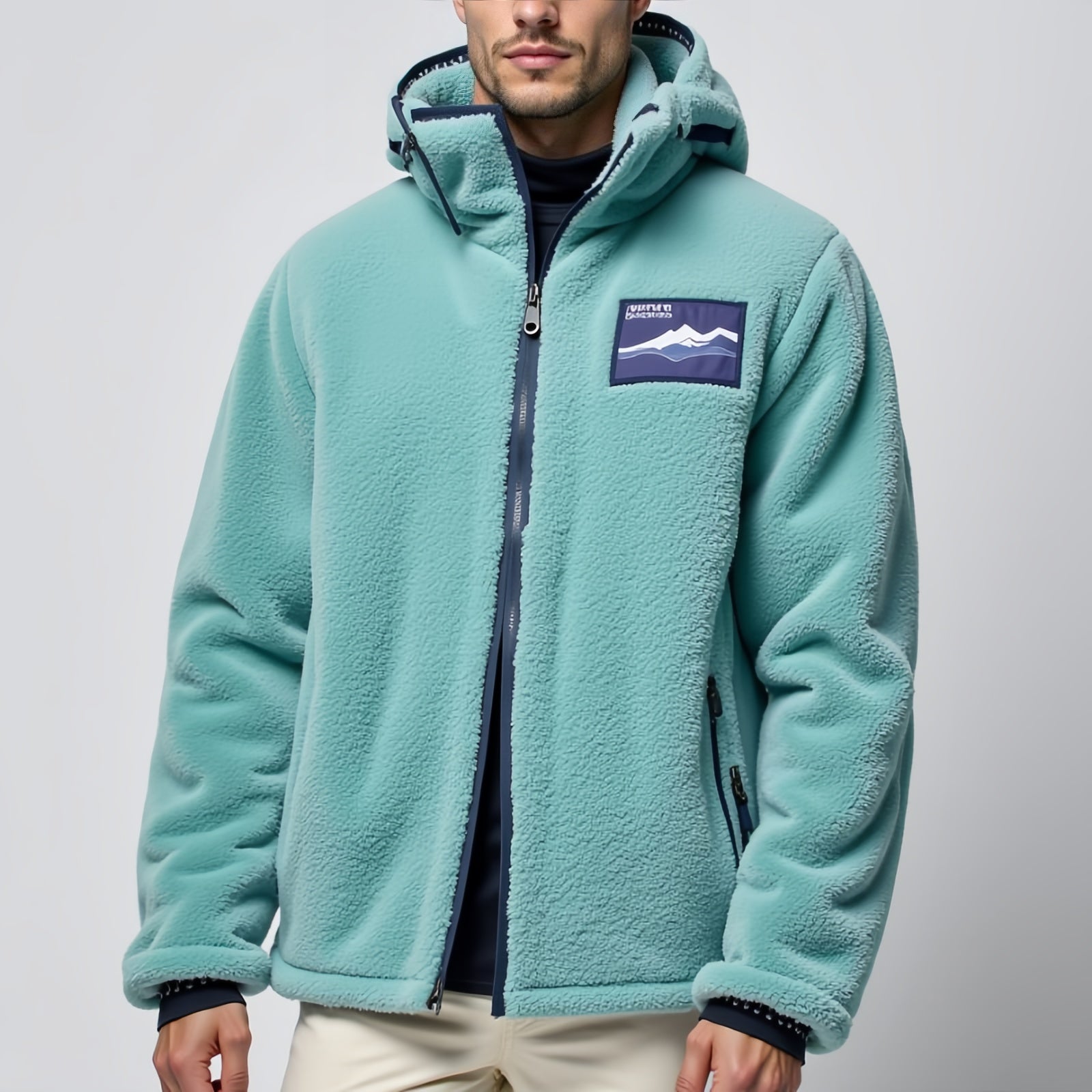 Nemis Outdoor – Aqua Green Fleece Jacket with Hood and Mountain Logo