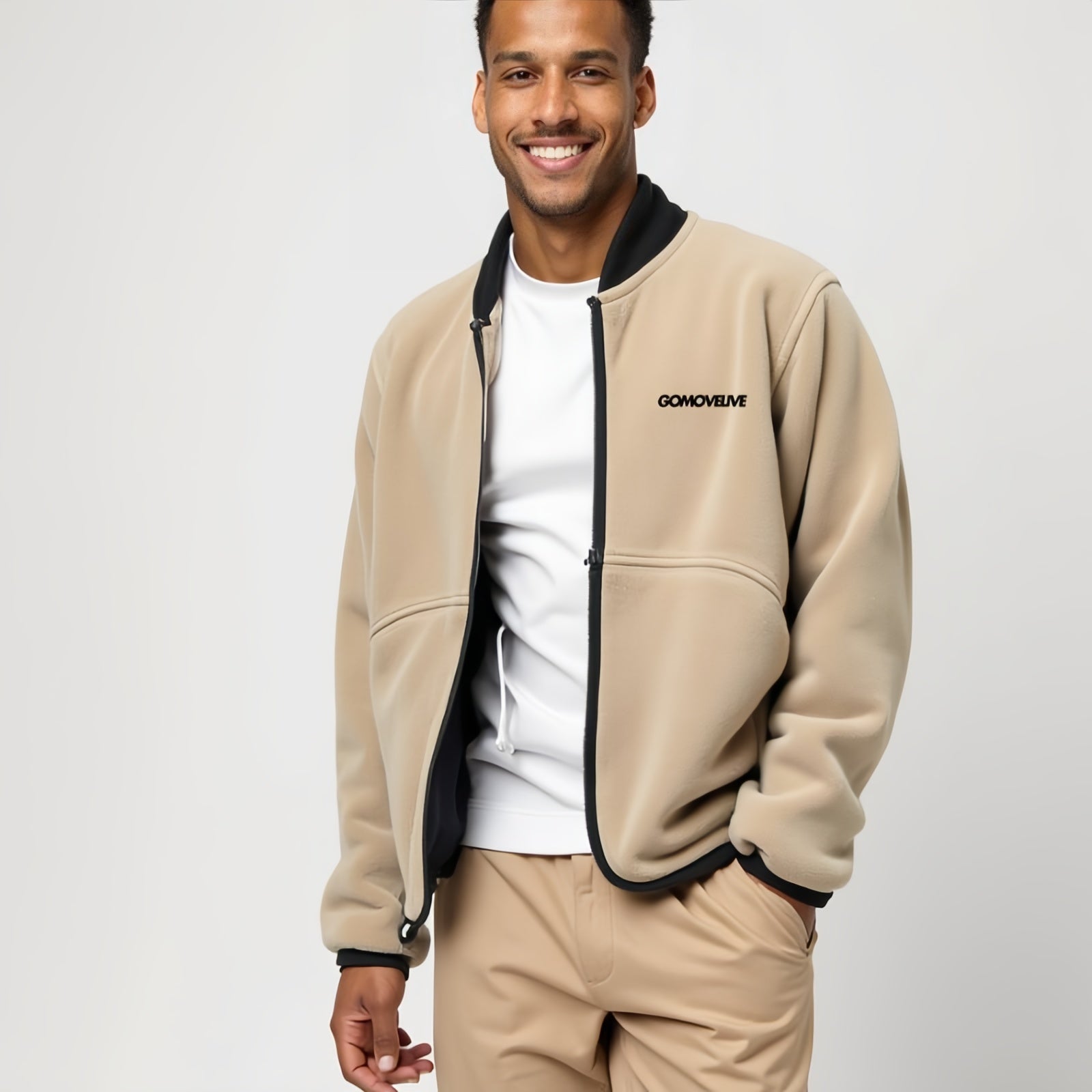 Beige Fleece Jacket with Black Zip and Embroidery on the Chest