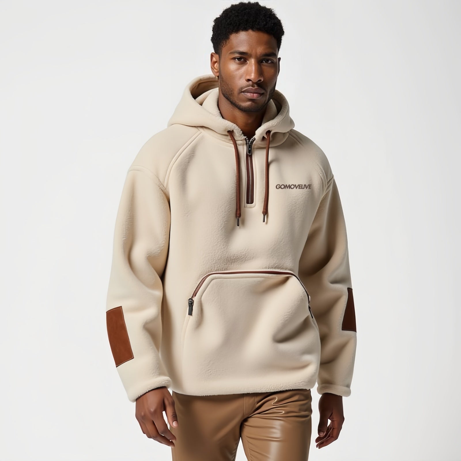 Nomad Ridge – Felpa con Cappuccio Beige con Dettagli in Ecopelle Marrone