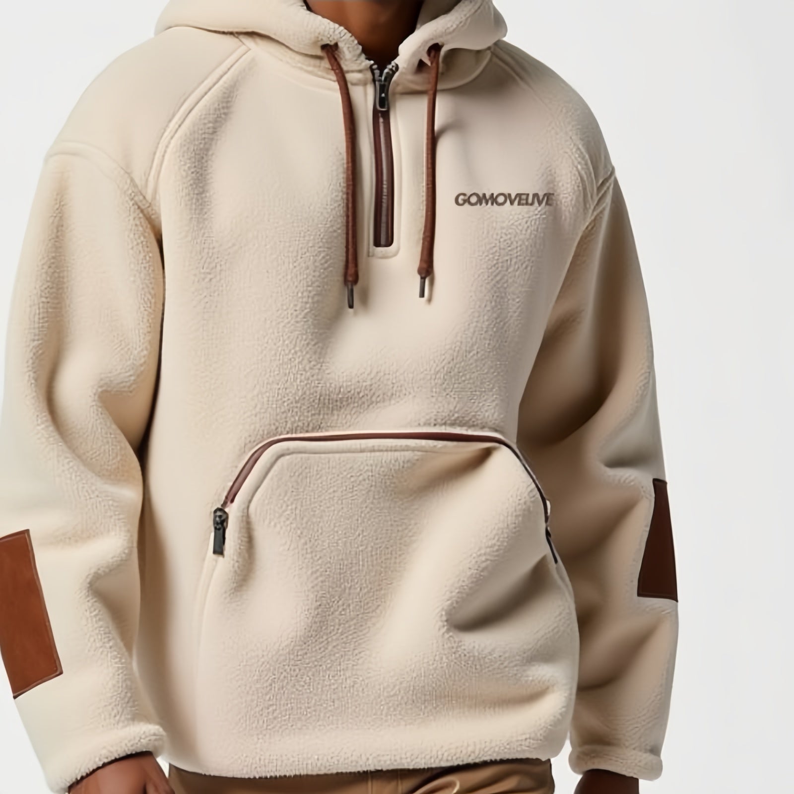 Nomad Ridge – Felpa con Cappuccio Beige con Dettagli in Ecopelle Marrone