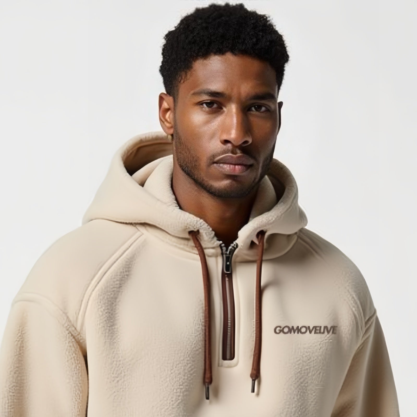 Nomad Ridge – Felpa con Cappuccio Beige con Dettagli in Ecopelle Marrone