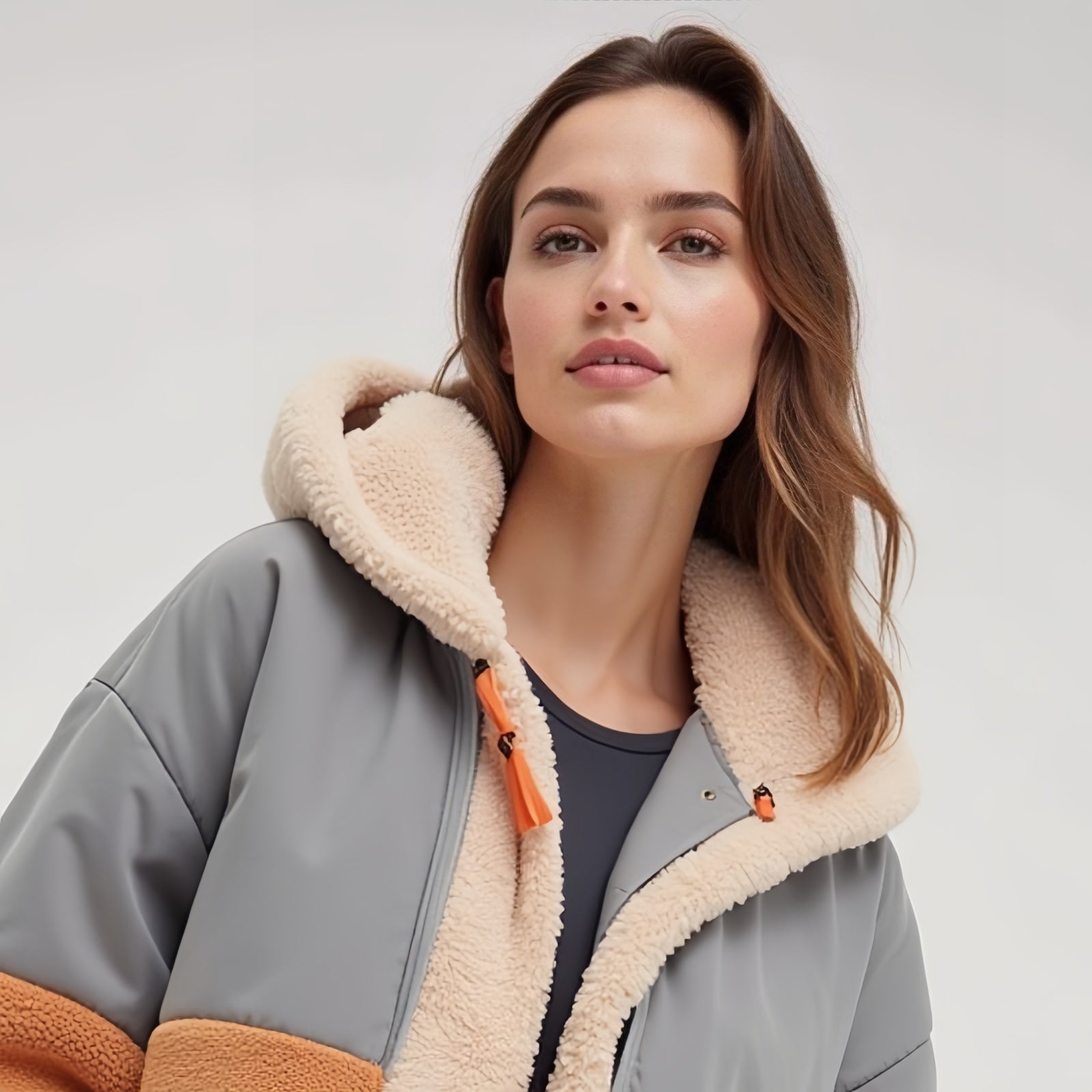 Arctic Blend – Giacca Oversize con Cappuccio in Pile Beige, Tan e Grigio con Dettagli Arancioni