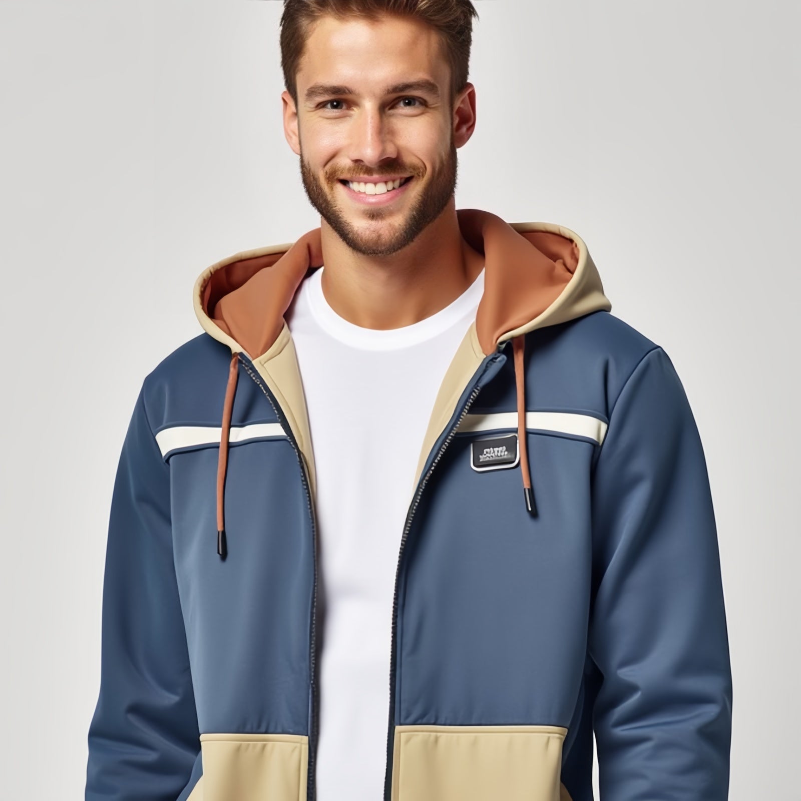 Bluegrain Nomad – Two-Tone Blue and Beige Hoodie with Brown Lining