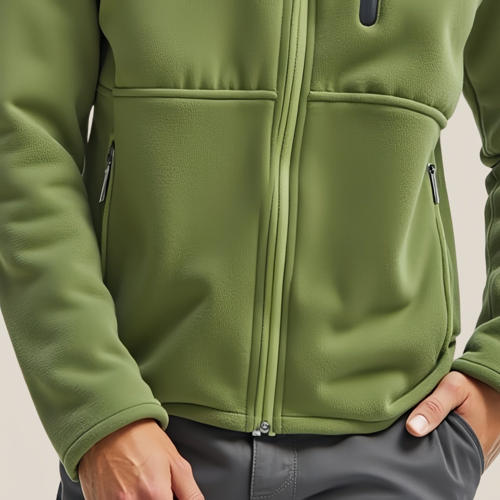 Verdant Trail – Green Fleece Jacket with Zip Pockets and High Neck