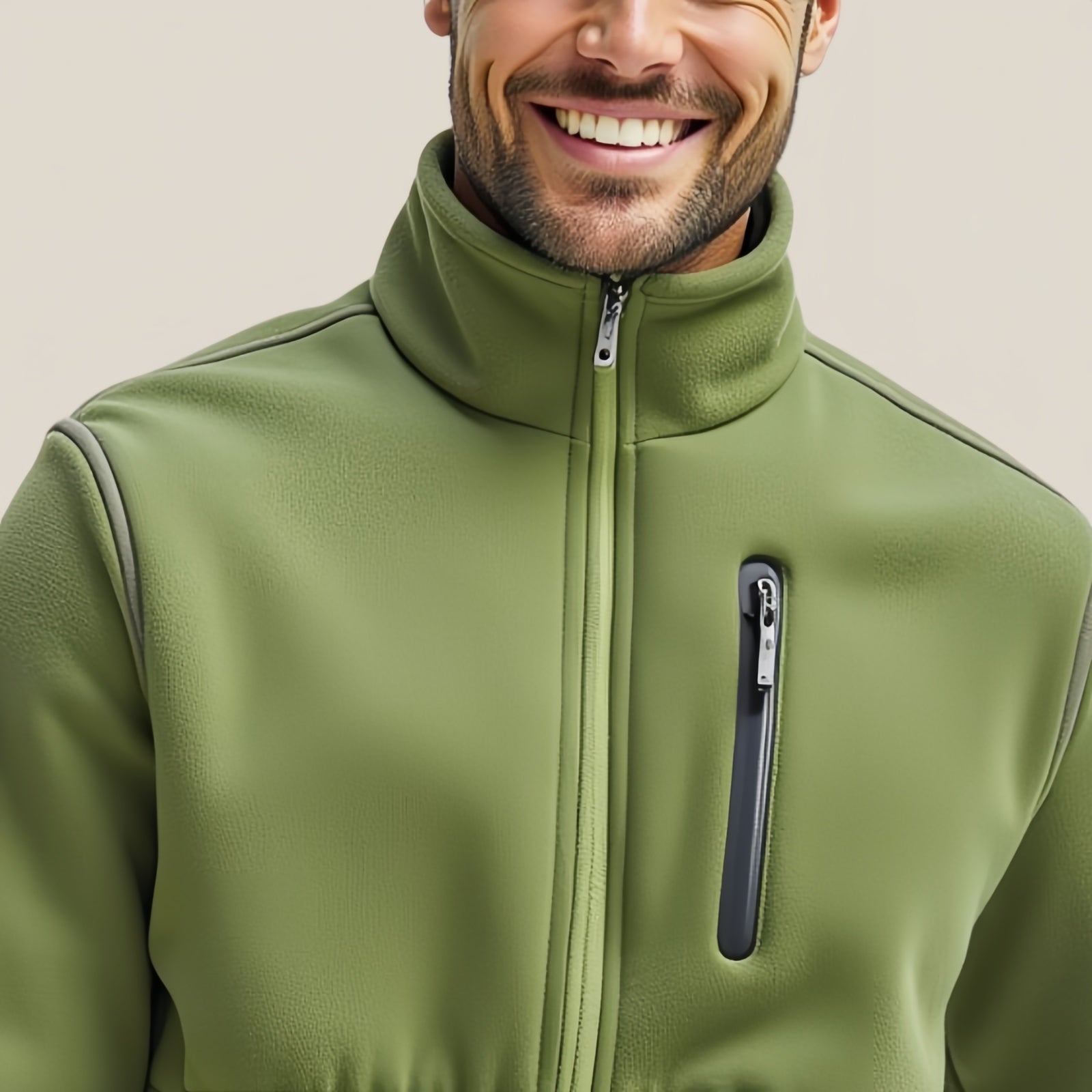 Verdant Trail – Green Fleece Jacket with Zip Pockets and High Neck