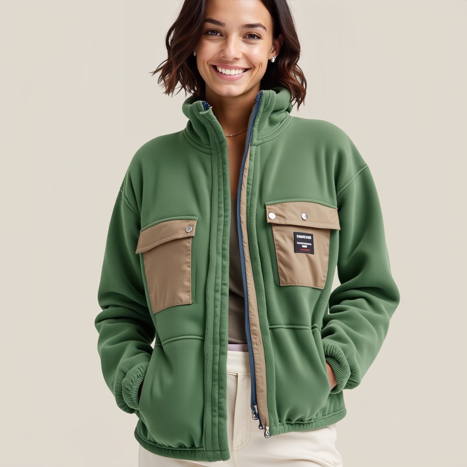 Tommy Jeans Heritage Fleece – Giacca Verde con Tasche Beige e Patch Logo