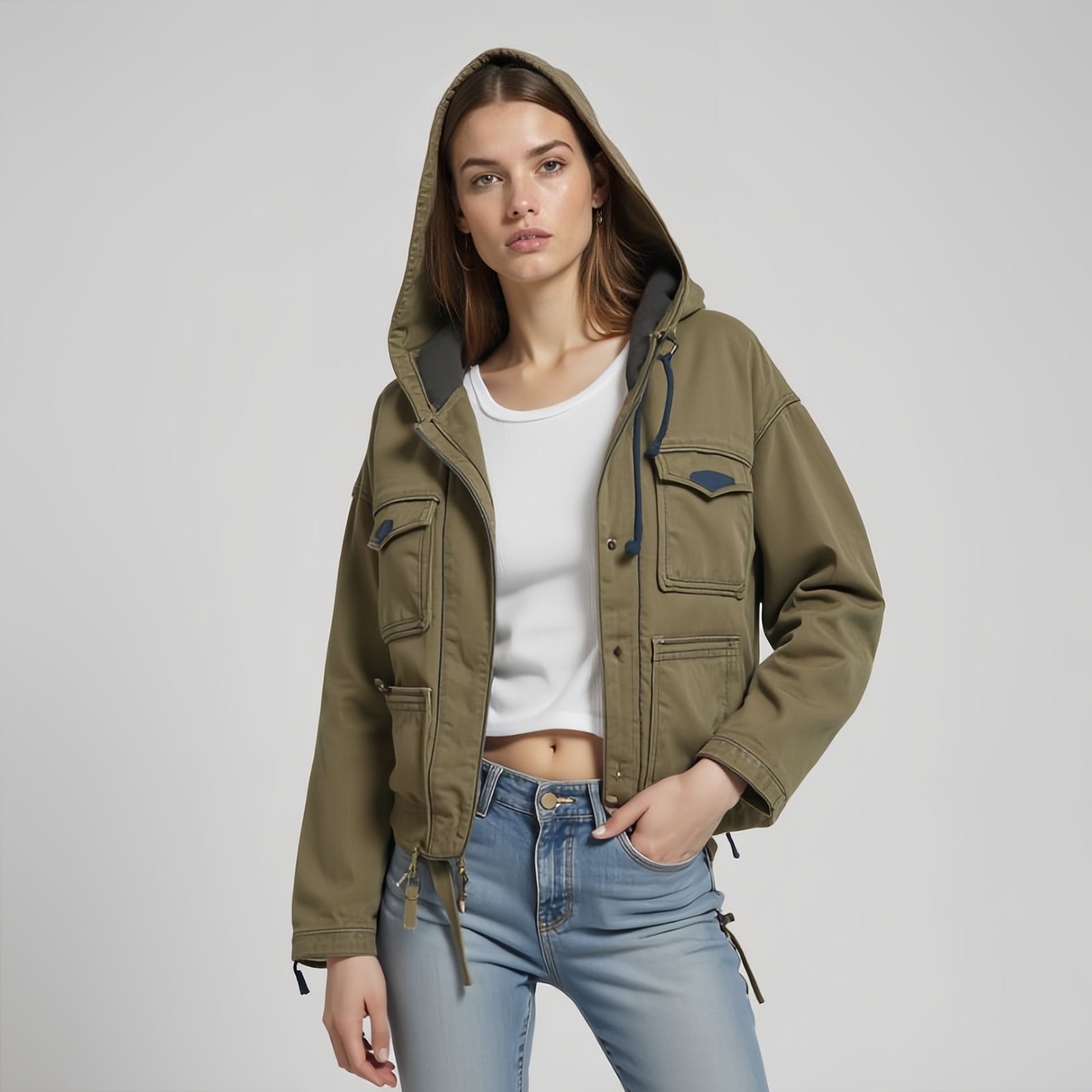 Evergreen Utility – Olive Green Hooded Jacket with Multiple Pockets and Adjustable Drawstrings