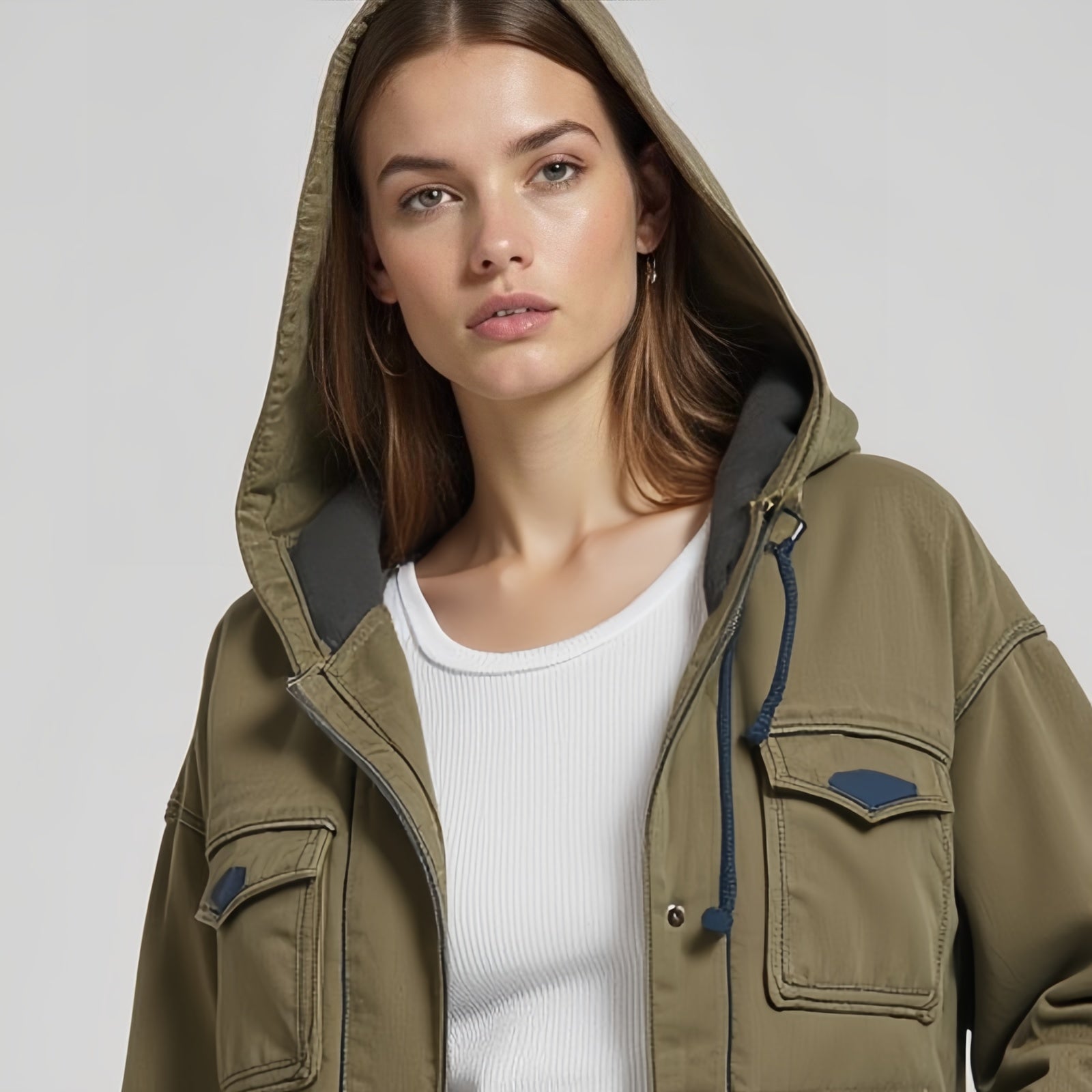 Evergreen Utility – Olive Green Hooded Jacket with Multiple Pockets and Adjustable Drawstrings