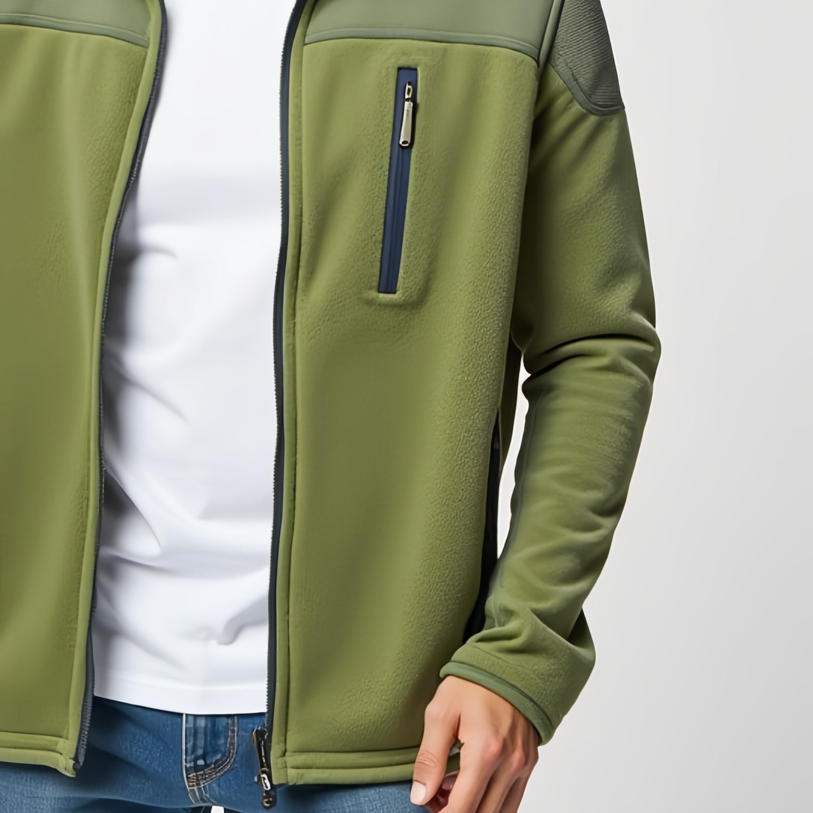 Verdant Ridge – Green Fleece Jacket with Contrast Panel and Zip Chest Pocket