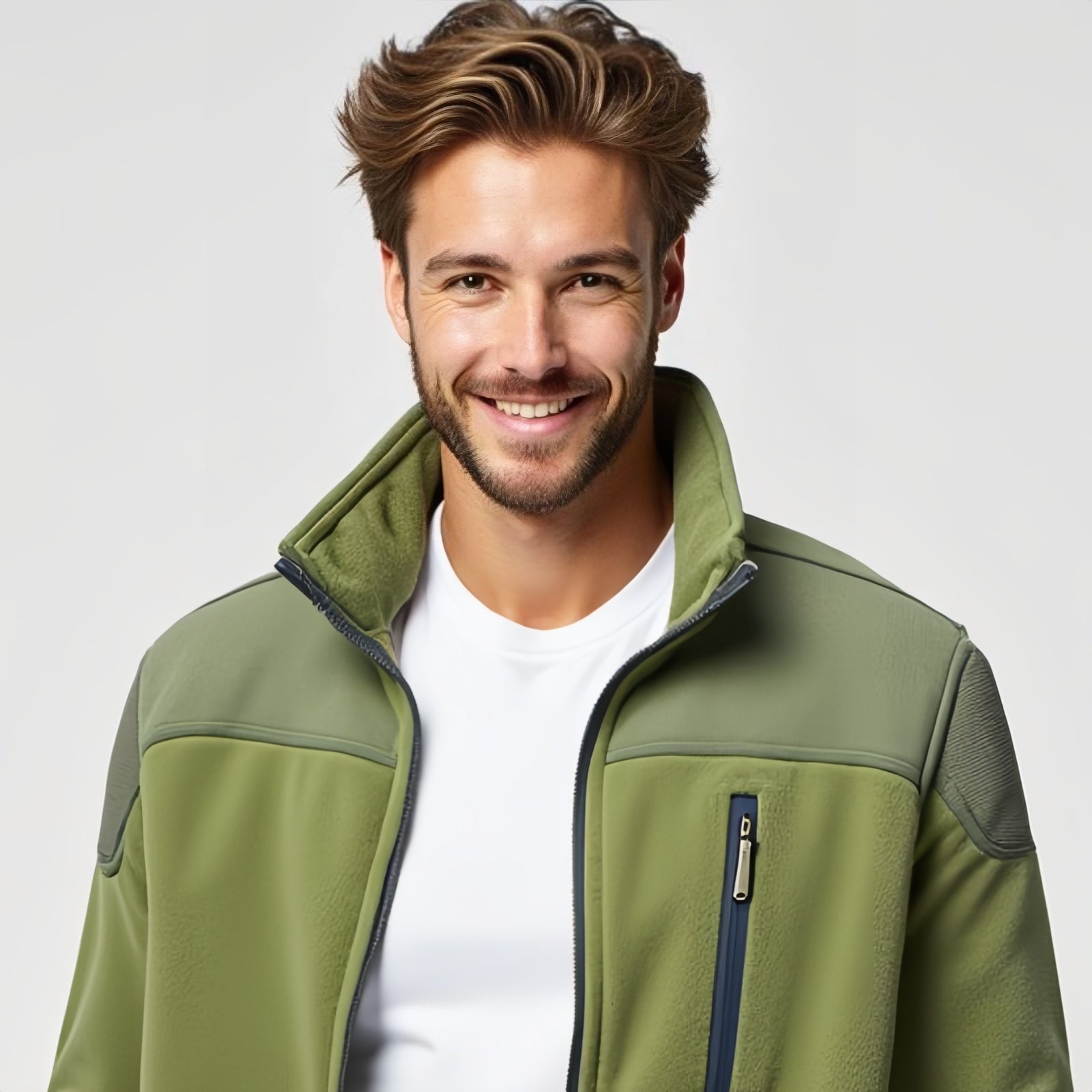 Verdant Ridge – Green Fleece Jacket with Contrast Panel and Zip Chest Pocket