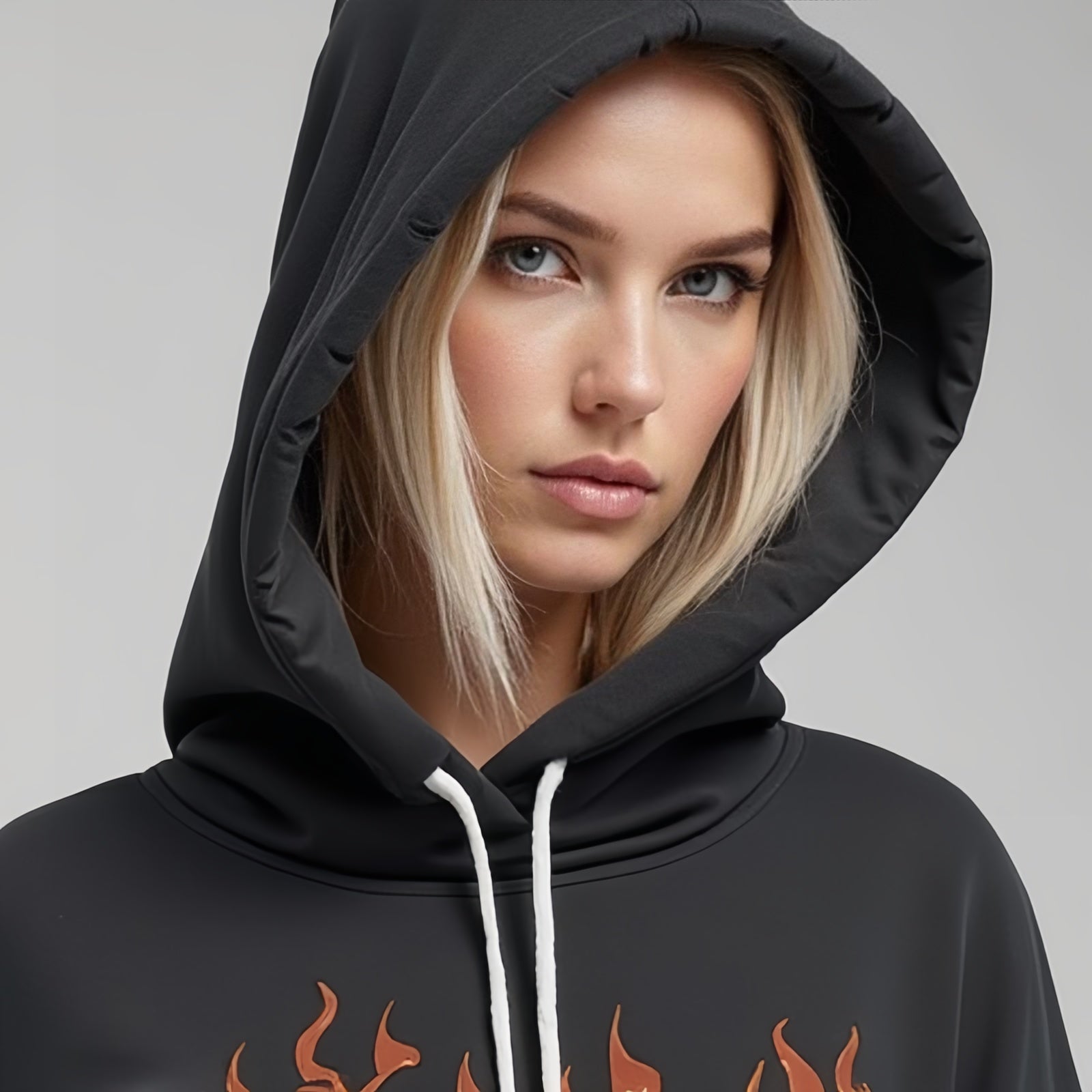 Inferno Crop Hoodie – Black Sweatshirt with Orange and Yellow Flames on Chest and Sleeves