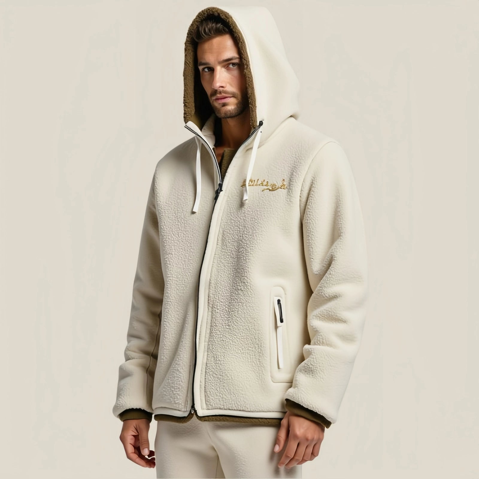 Nomad Fleece Zip – Cream Fleece Hooded Jacket with Zip and Embroidery