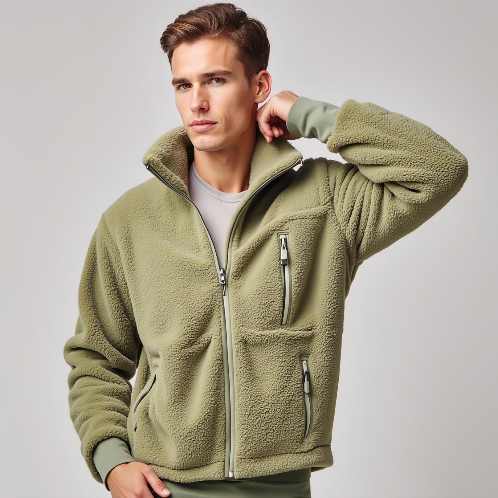 Evergreen Zip Fleece – Sage Green Technical Jacket with Pockets and High Neck