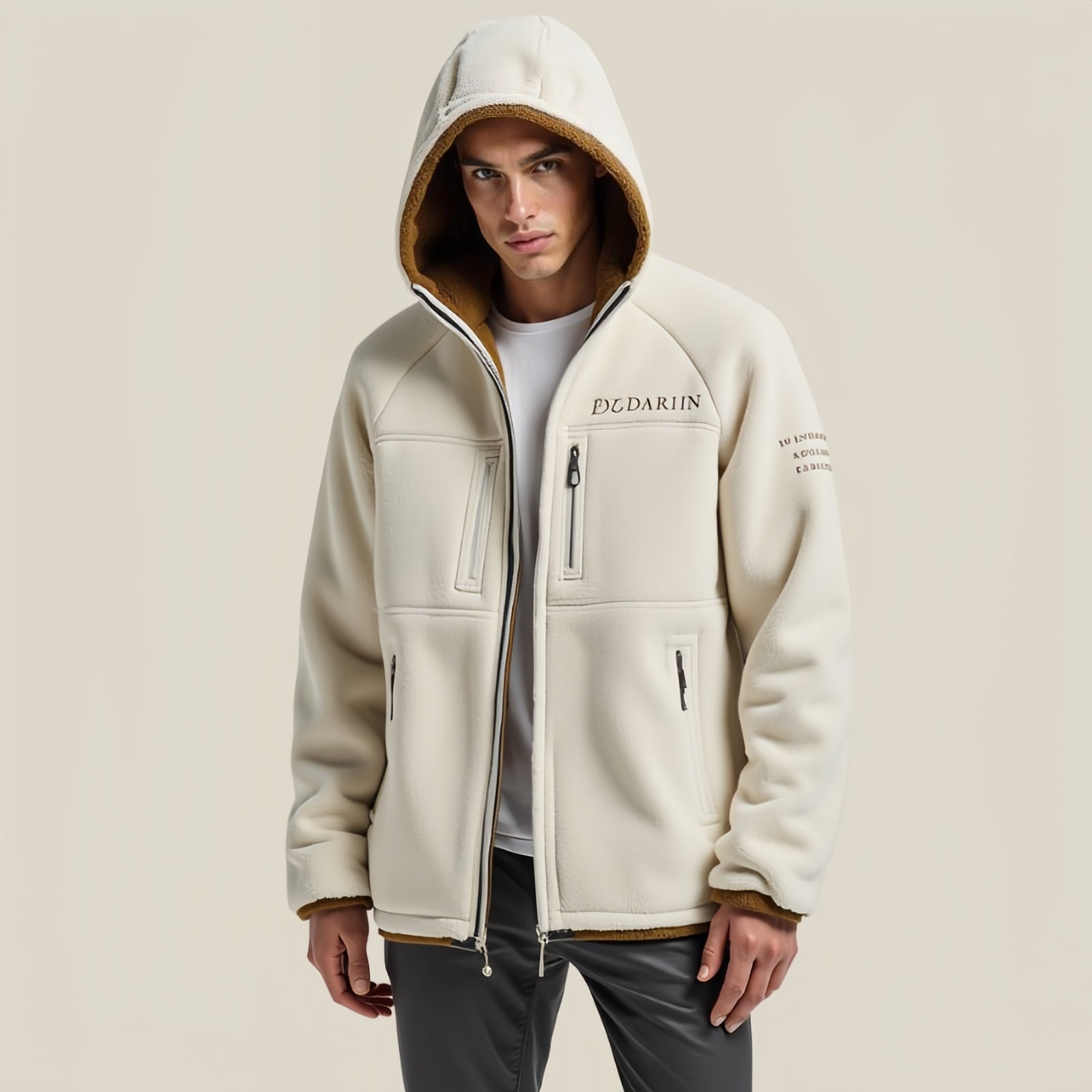 Nomad Fleece Zip – Cream Fleece Hooded Jacket with Zip and Embroidery