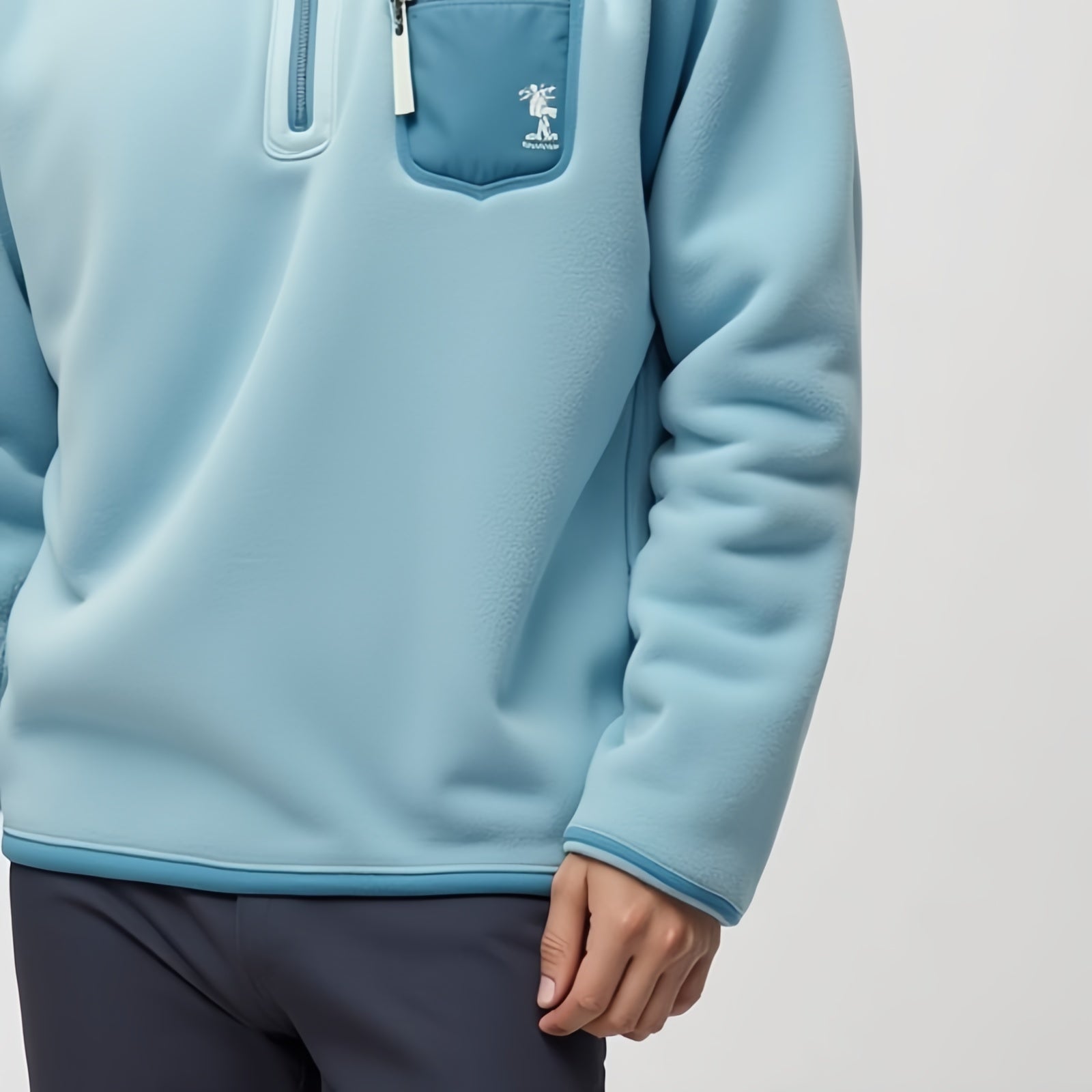 Laguna Quarter-Zip – Light Blue Fleece Pullover with Contrast Pocket and Palm Tree Embroidery