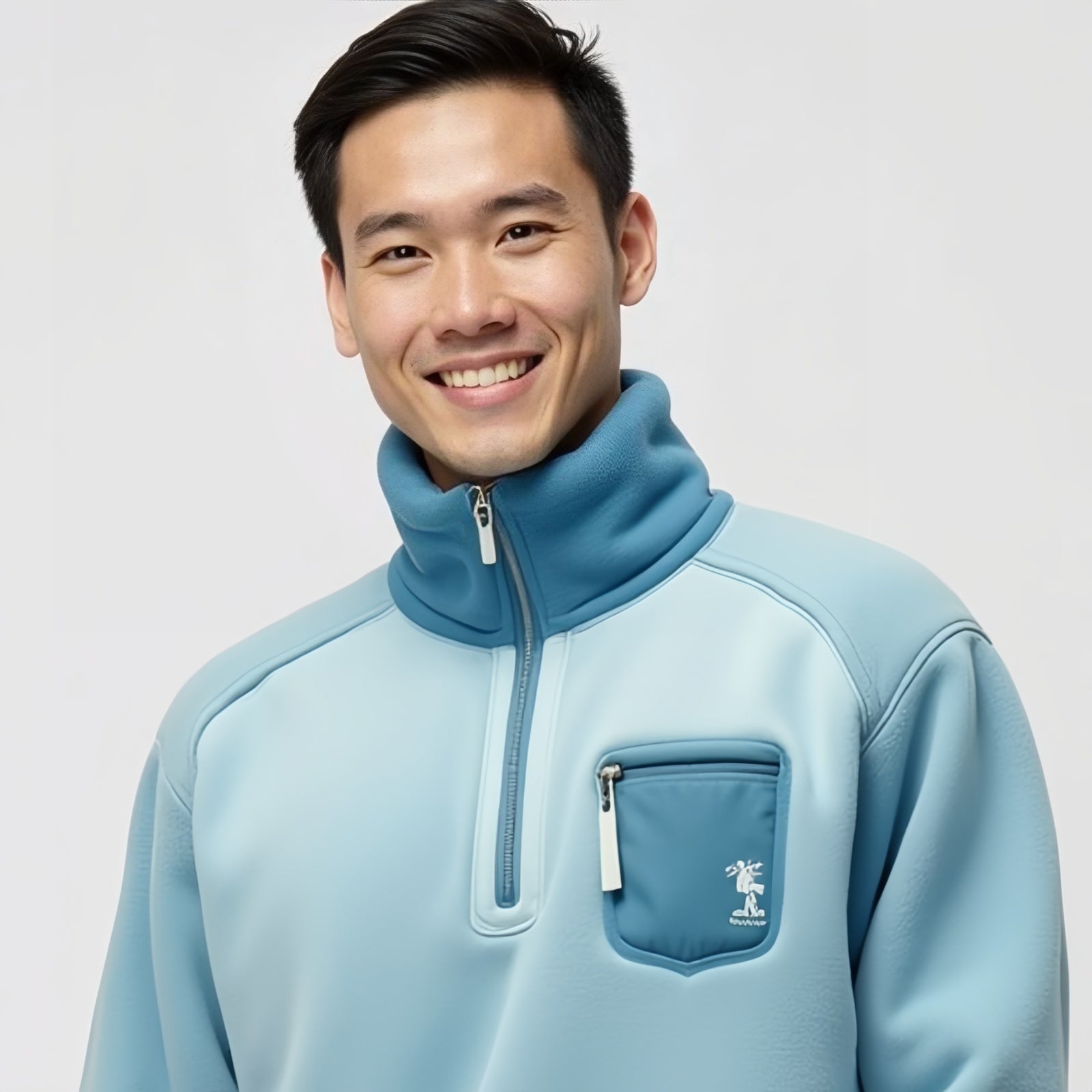 Laguna Quarter-Zip – Light Blue Fleece Pullover with Contrast Pocket and Palm Tree Embroidery