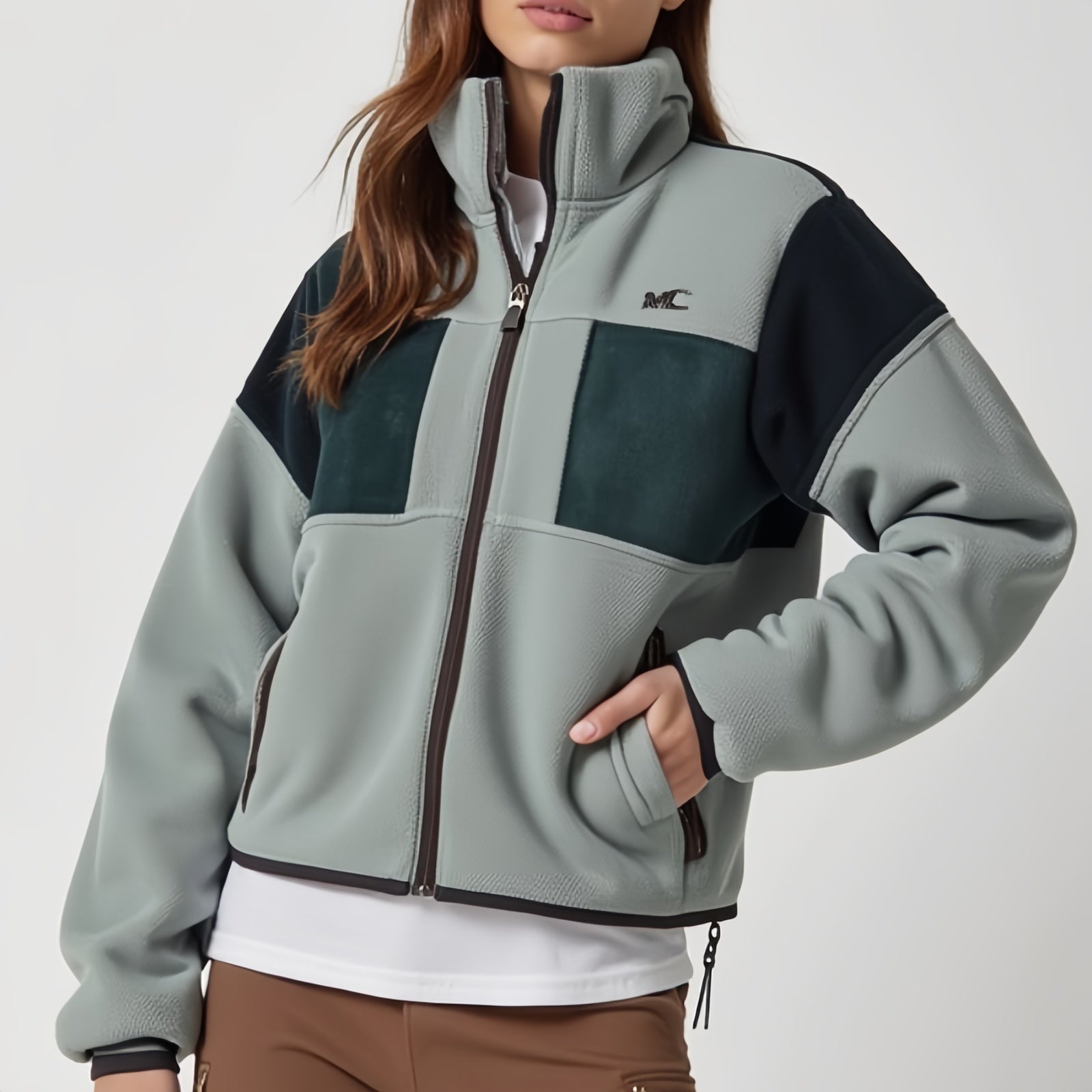 Dual Axis Fleece – Two-Tone Green and Grey Technical Jacket with Asymmetric Pockets and Front Zip