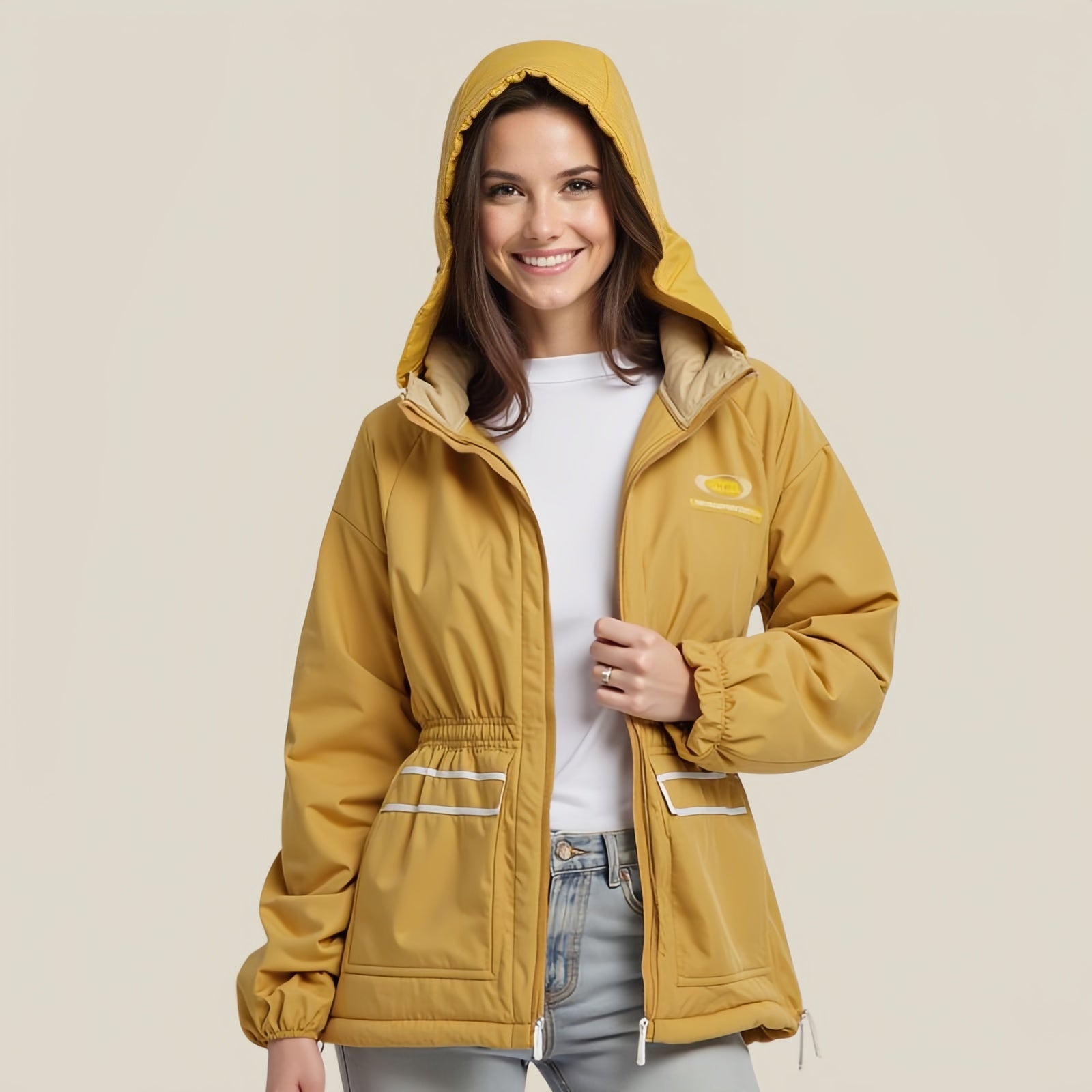 Nomad Heritage Fleece – Giacca Tecnica Giallo Ocra con Cappuccio e Ricami Tipici