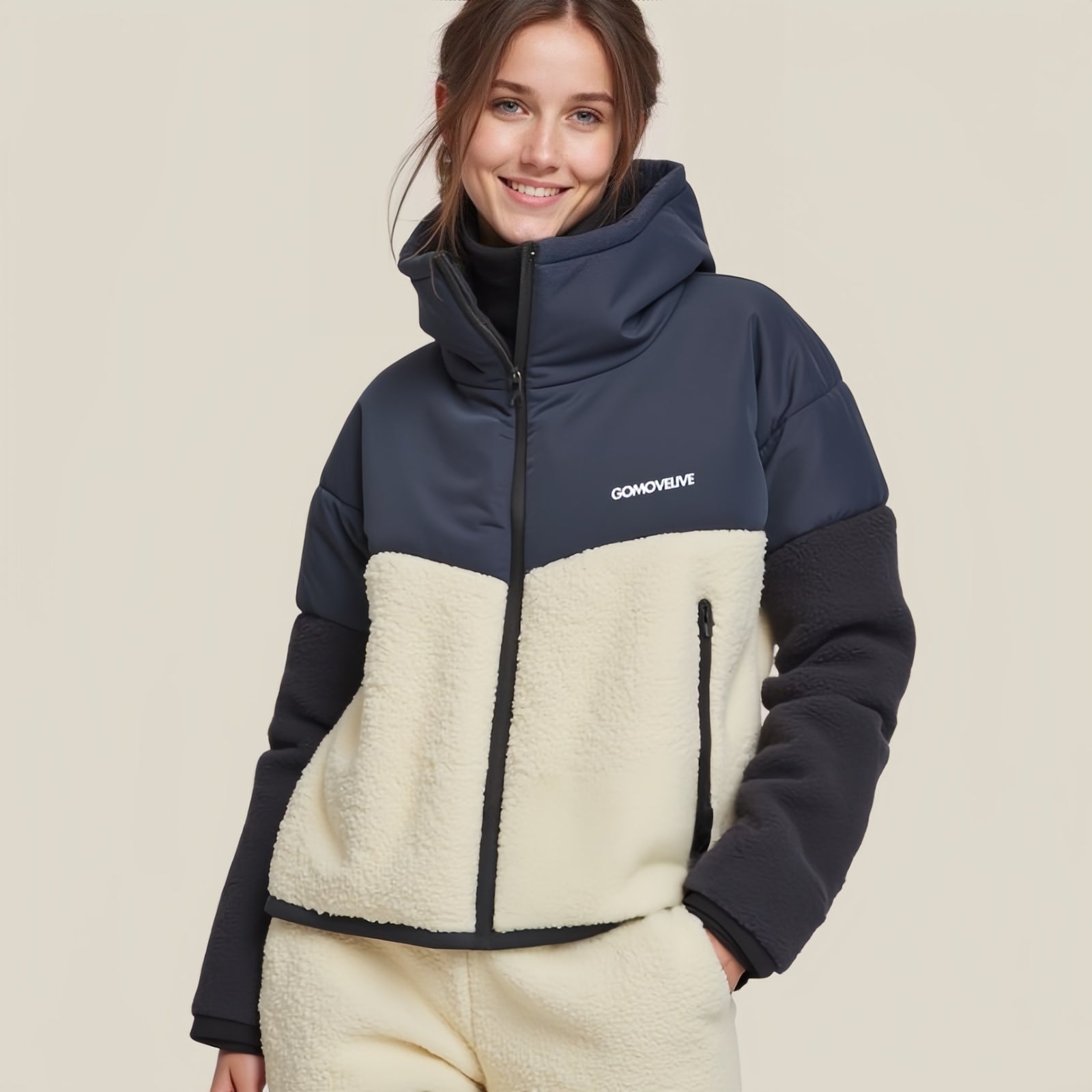 GOMOVELIVE Block Fleece – Tricolor Technical Jacket with Front Zip and Embroidered Logo