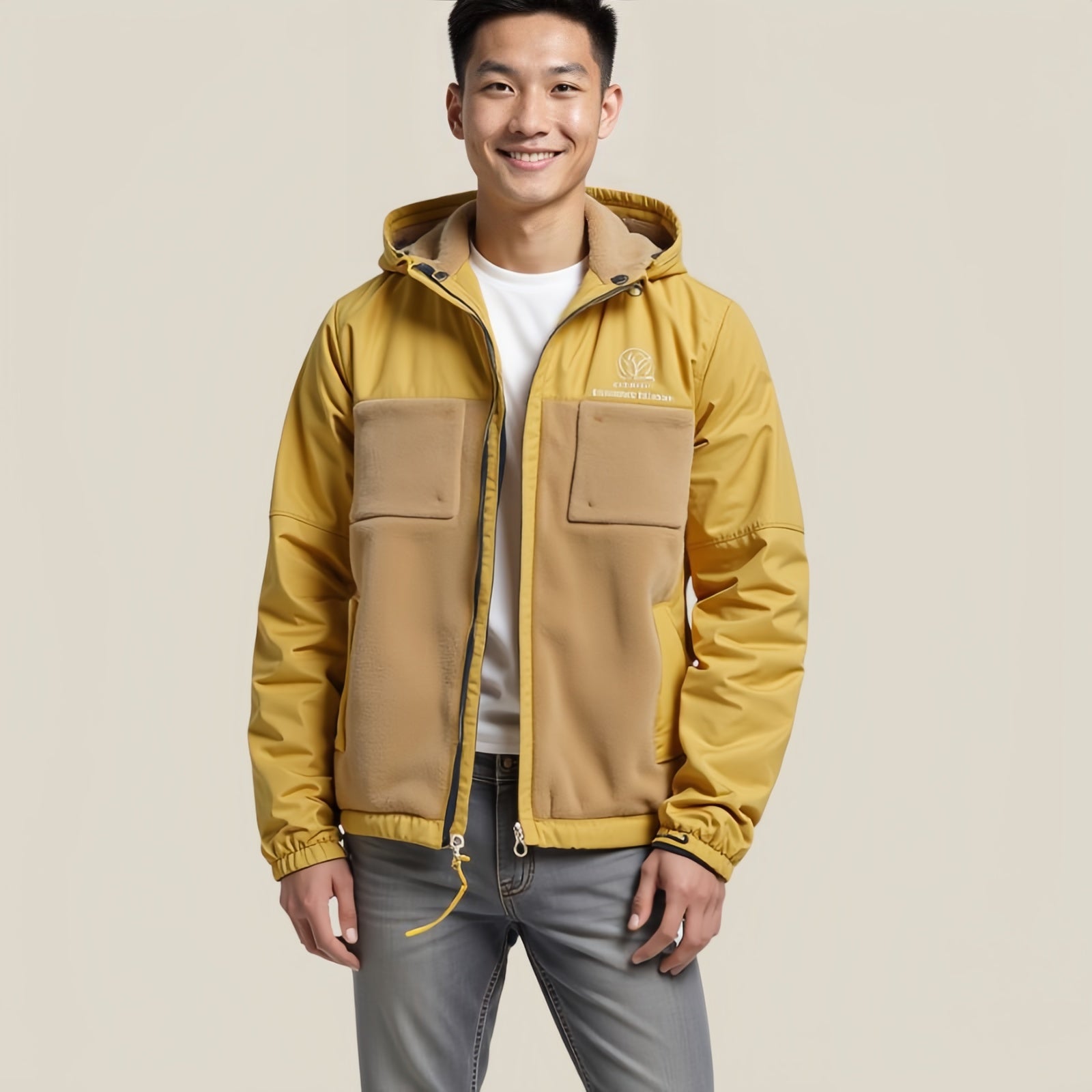 Studio Nomad Fleece – Giacca Tecnica Giallo Ocra con Inserti in Pile Beige e Logo Ricamato