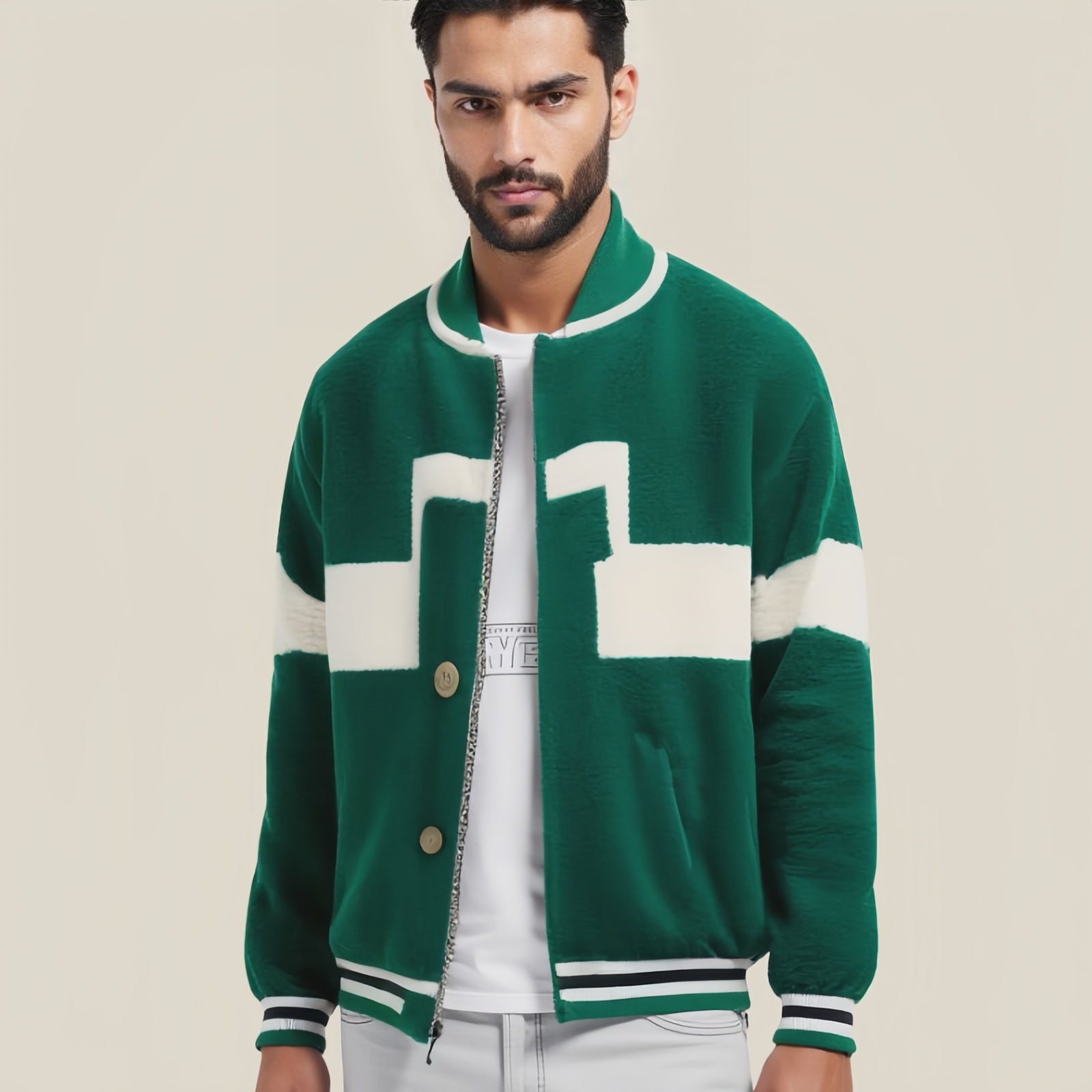 Varsity Lineback Jacket – Green College Jacket with White Details and Button Closure