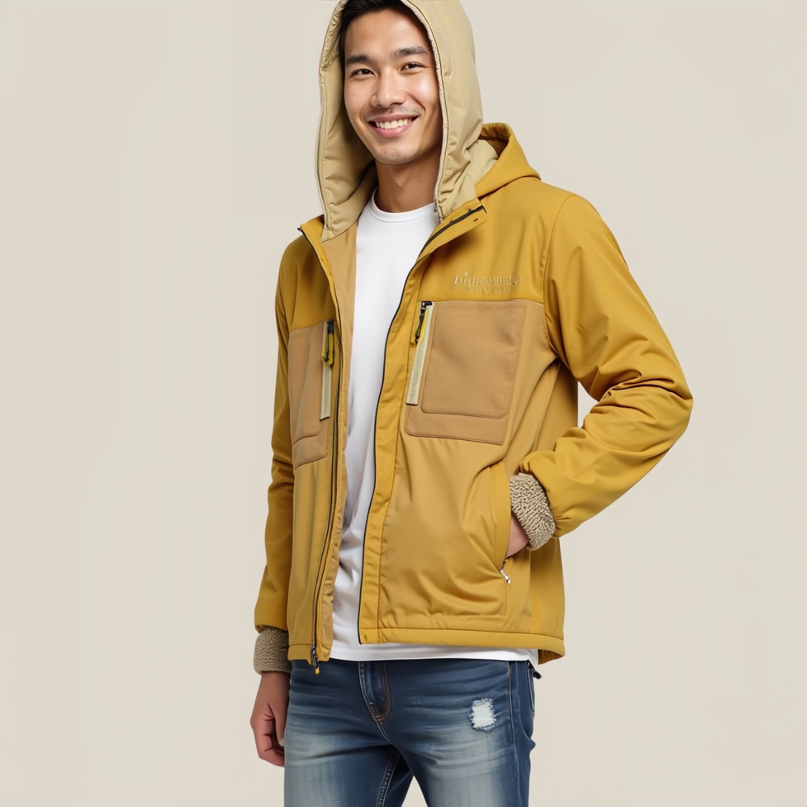 Studio Nomad Fleece – Giacca Tecnica Giallo Ocra con Inserti in Pile Beige e Logo Ricamato