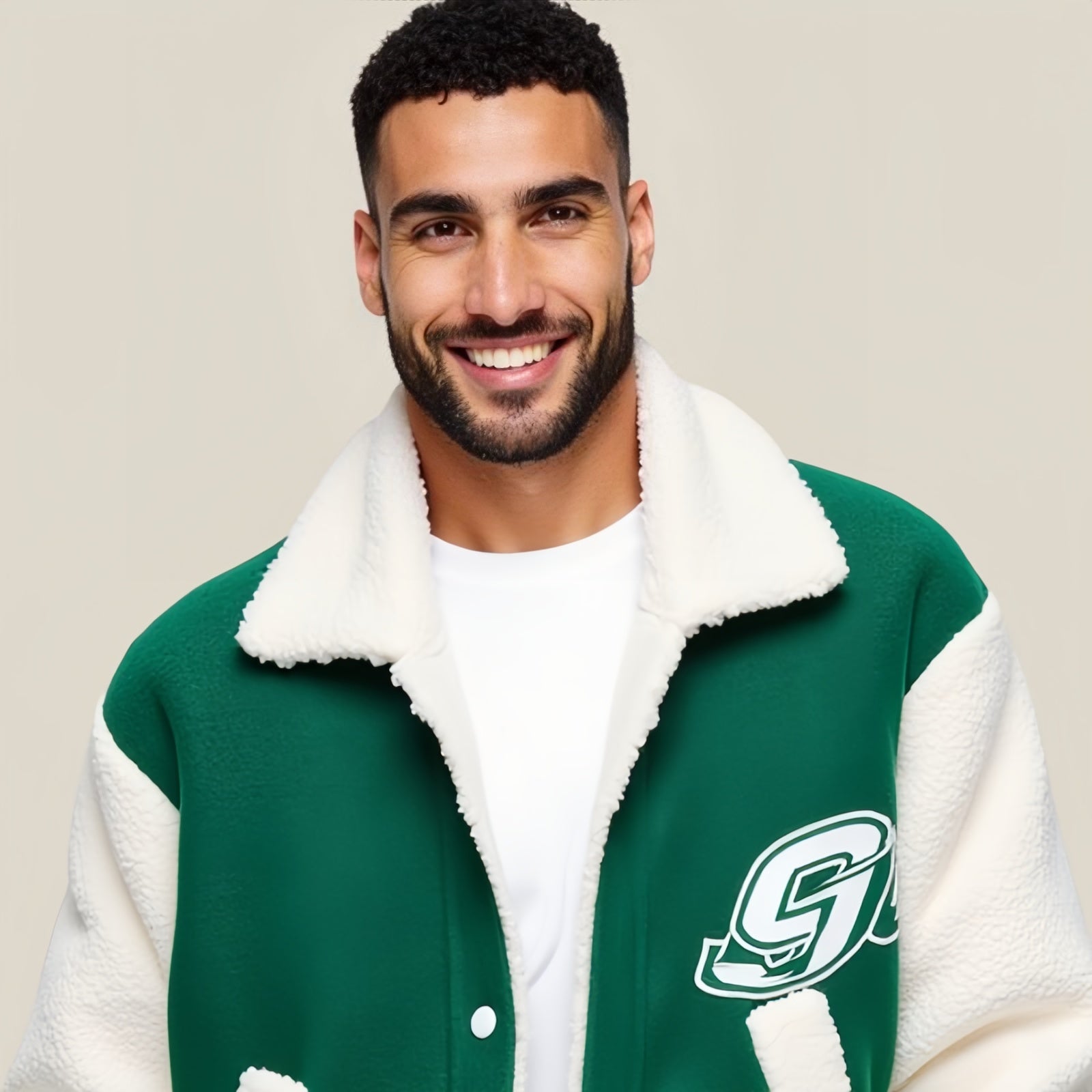 Varsity Sherpa Jacket – Green College Jacket with White Fleece Sleeves and Lined Collar