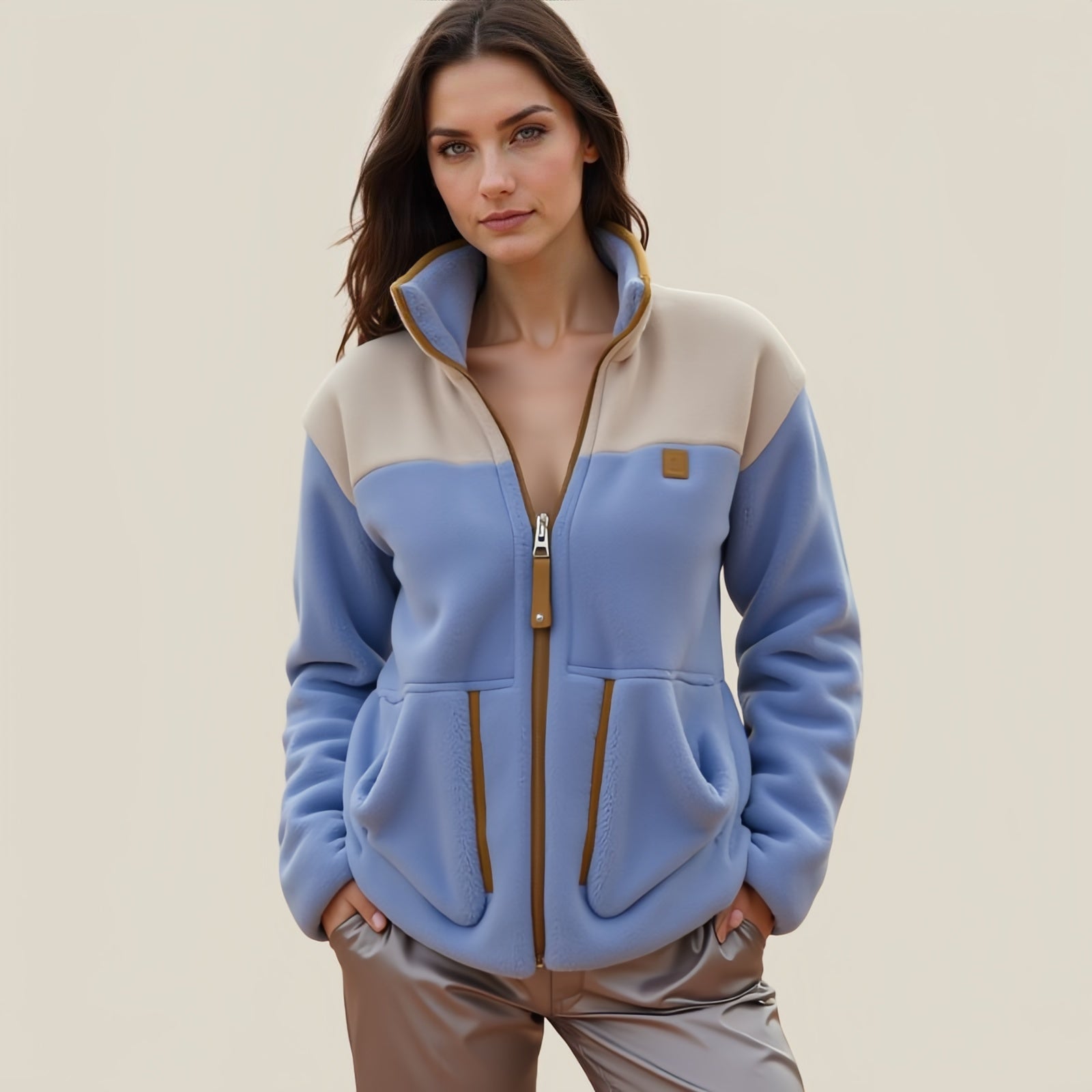 Desert Trail Fleece – Two-Tone Light Blue and Beige Technical Jacket with Brown Details