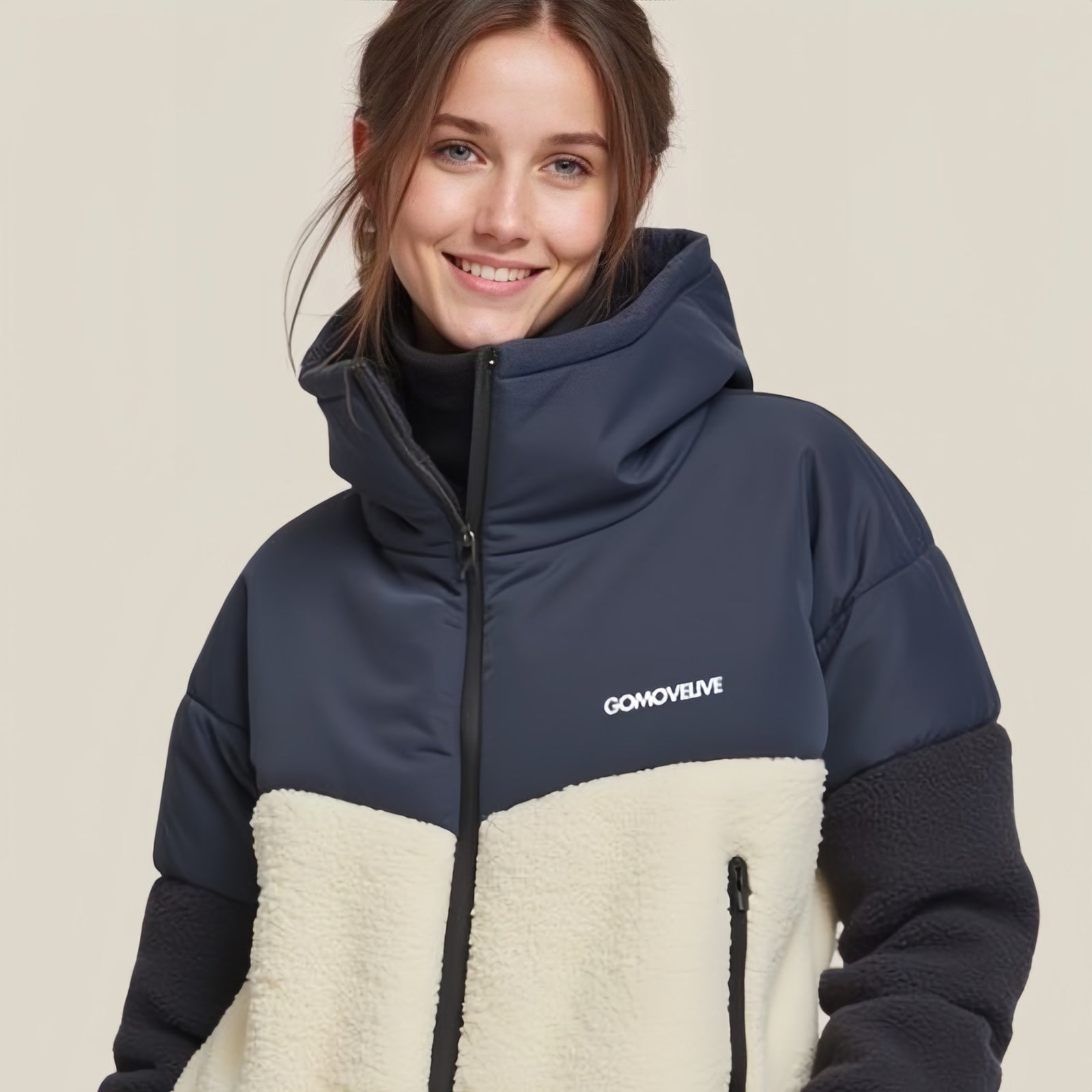 GOMOVELIVE Block Fleece – Tricolor Technical Jacket with Front Zip and Embroidered Logo