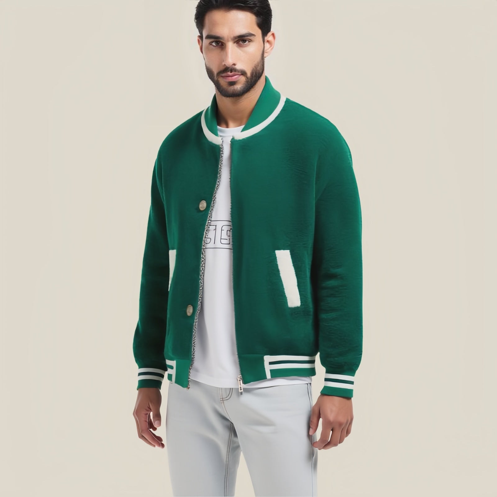 Varsity Lineback Jacket – Giacca College Verde con Dettagli Bianchi e Chiusura a Bottoni