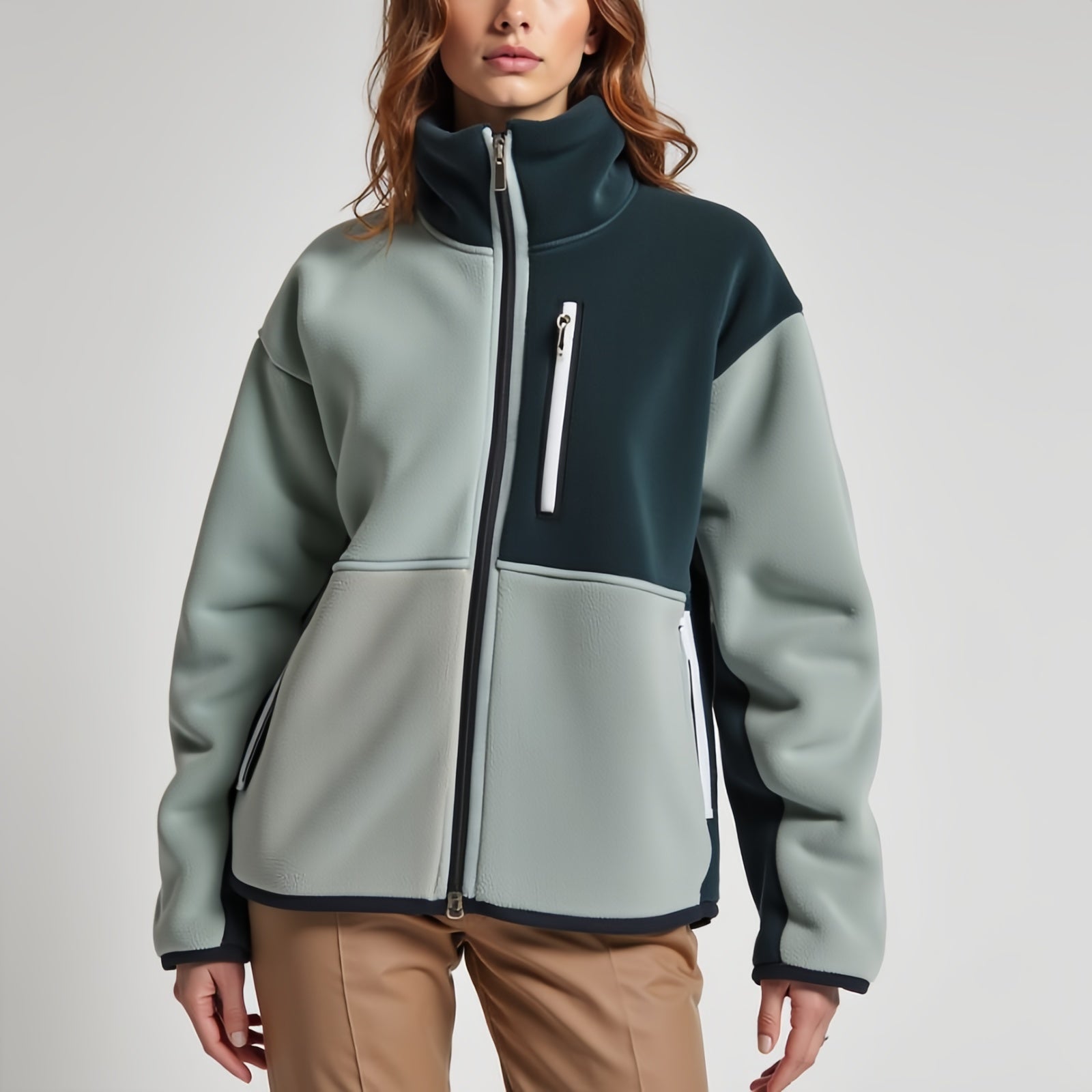 Dual Axis Fleece – Two-Tone Green and Grey Technical Jacket with Asymmetric Pockets and Front Zip