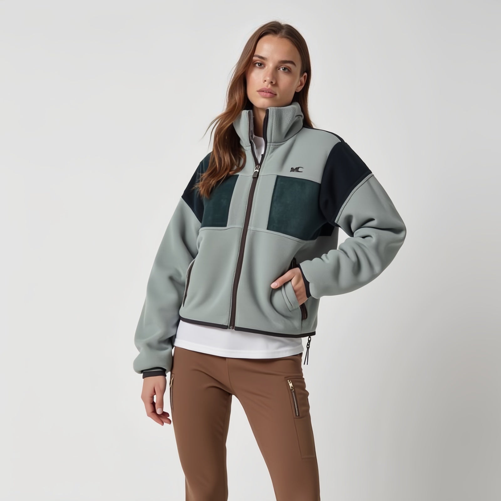 Dual Axis Fleece – Two-Tone Green and Grey Technical Jacket with Asymmetric Pockets and Front Zip
