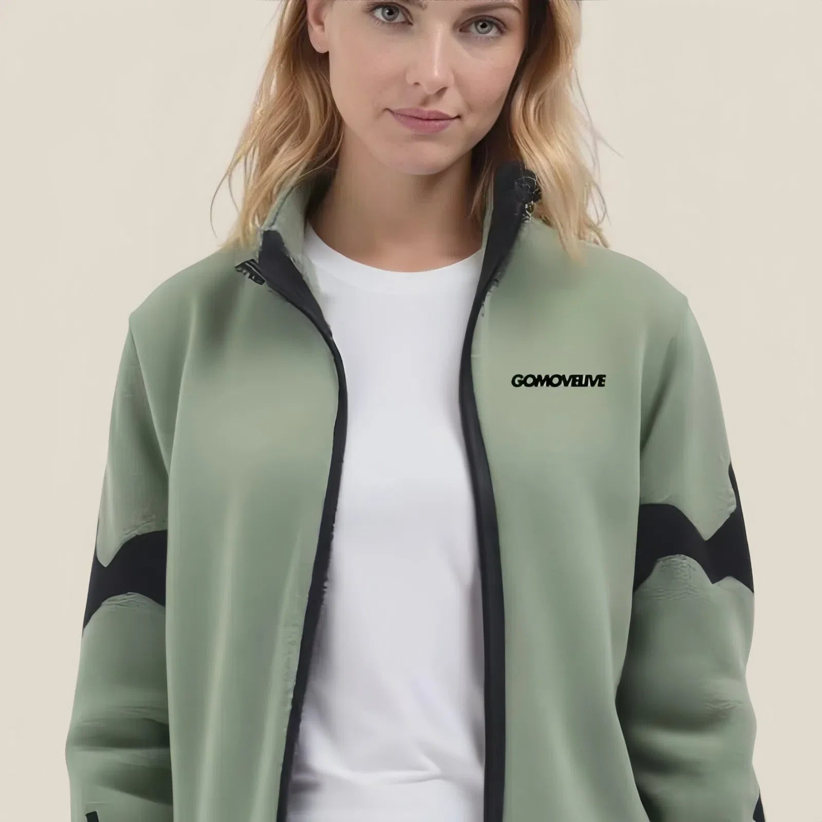 Sage Green Fleece Jacket with Black Graphic Details